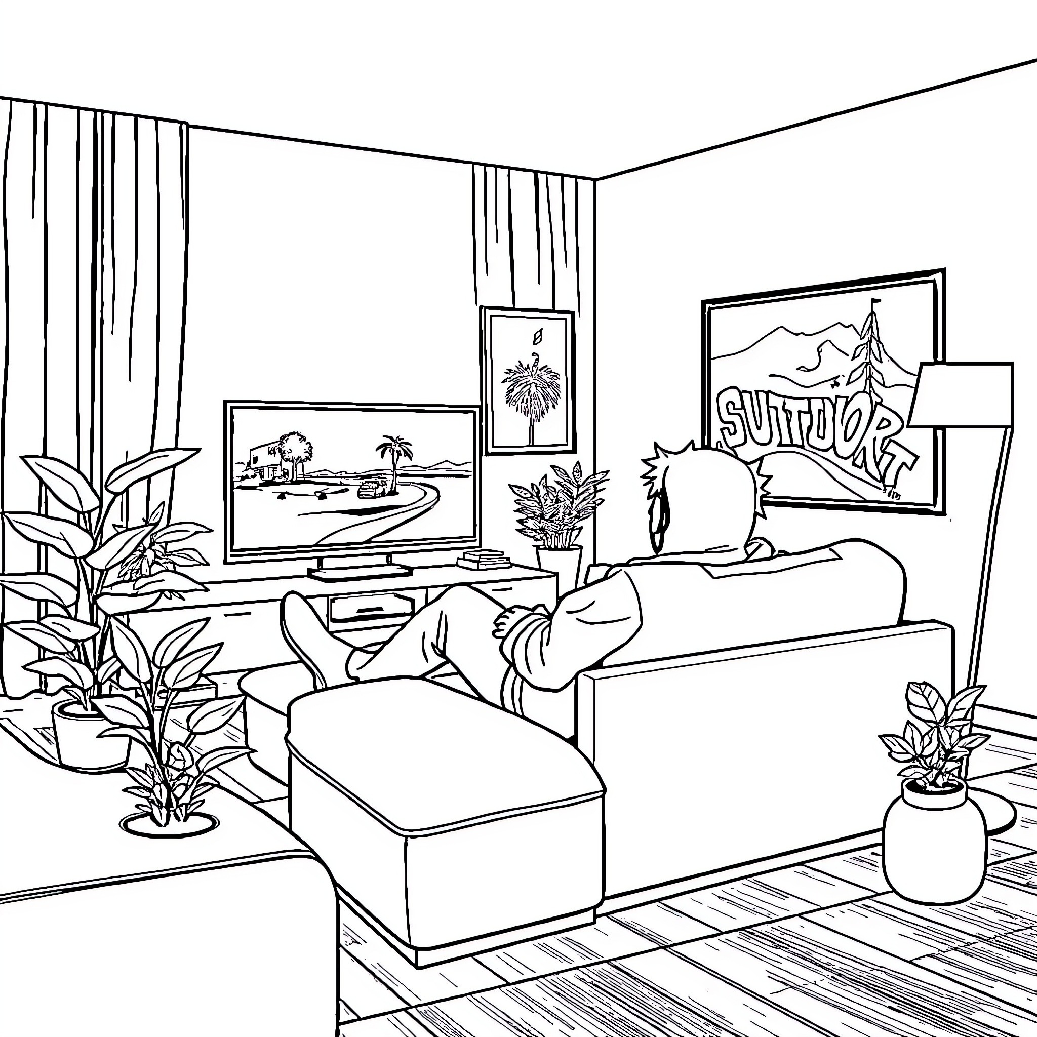 Karakter Kartun in Cozy Living Room Coloring Page (free black-and-white line drawing printable PDF for all, from beginners to advanced learners, including children, teens, adults, and seniors)