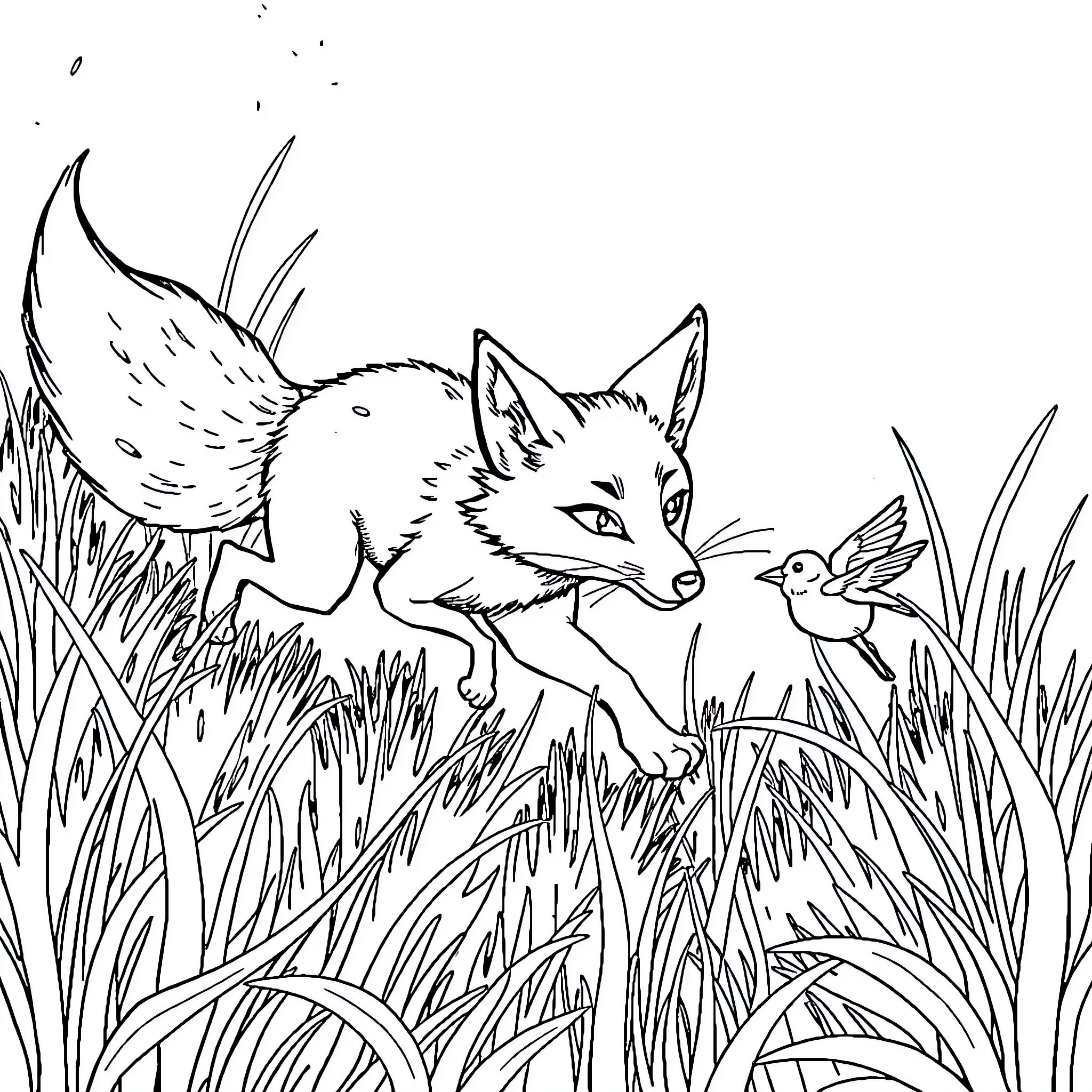 Fox exploring the wilderness with a bird Coloring Page (free black-and-white line drawing printable PDF for all, from beginners to advanced learners, including children, teens, adults, and seniors)