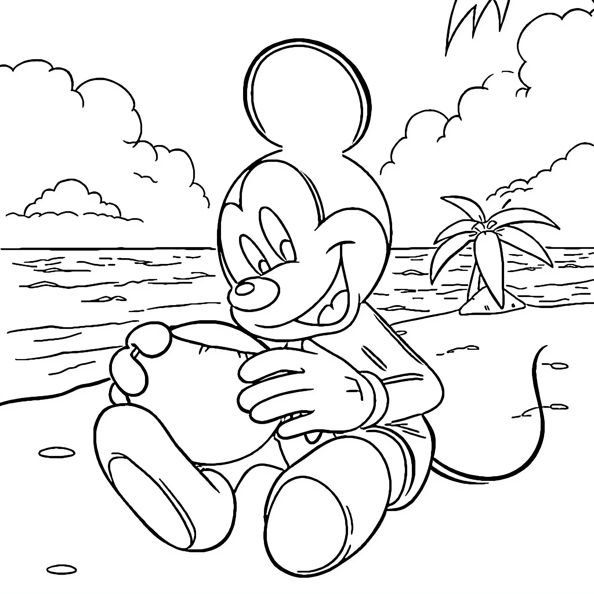 Mickey enjoying a sunny day at the beach Coloring Page (free black-and-white line drawing printable PDF for all, from beginners to advanced learners, including children, teens, adults, and seniors)