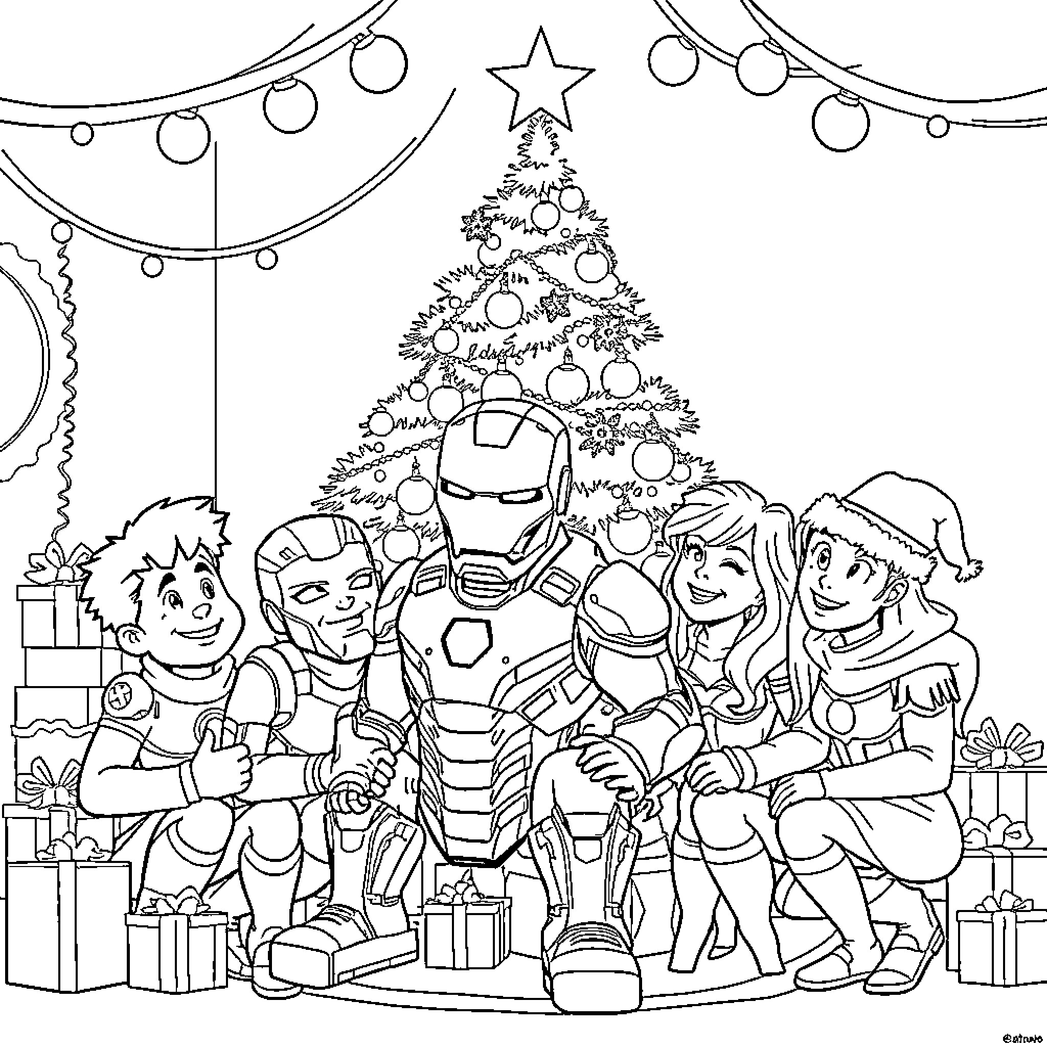 Ironman celebrating the holidays with friends Coloring Page (free black-and-white line drawing printable PDF for all, from beginners to advanced learners, including children, teens, adults, and seniors)