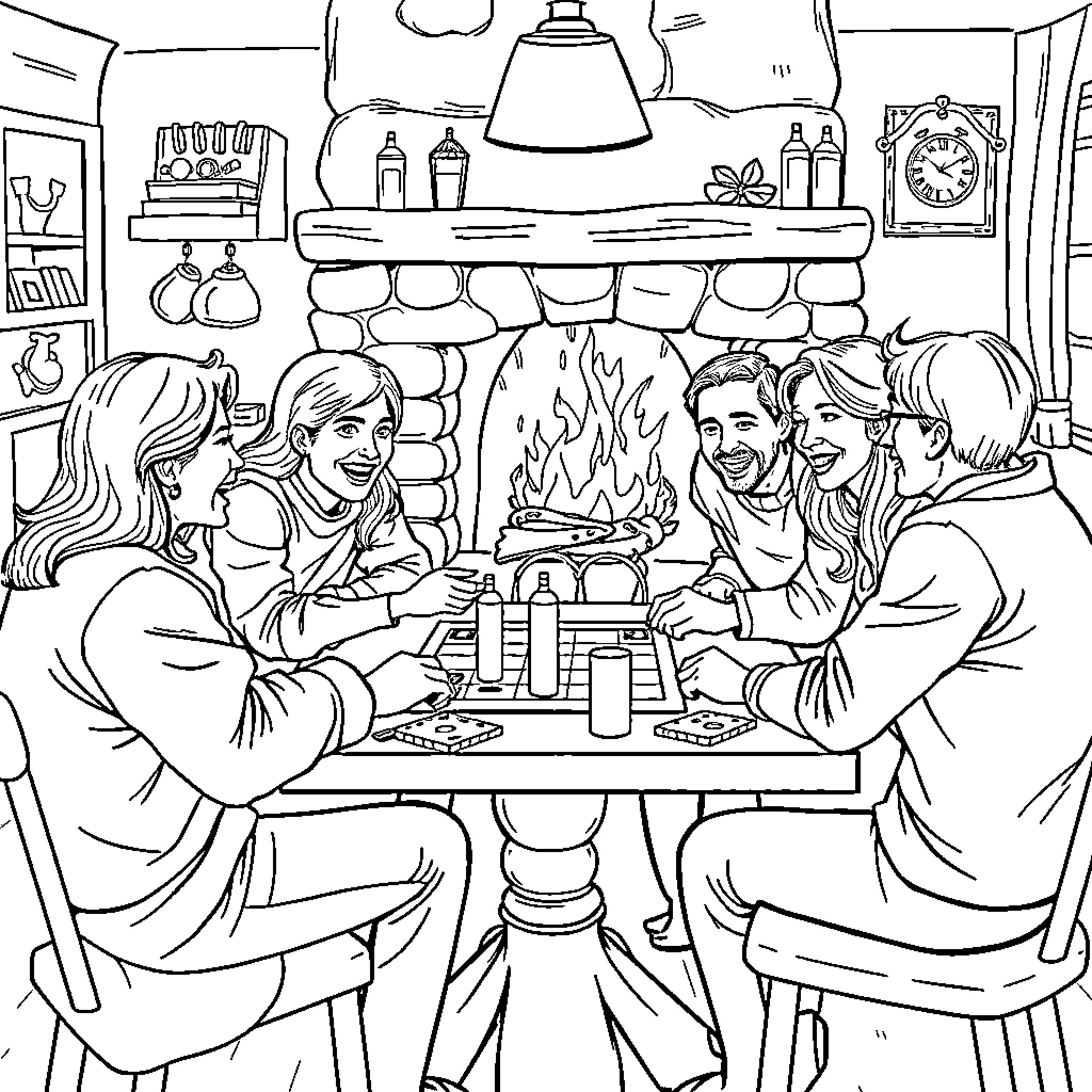 Friend Gathering Around Fireplace Enjoying Cozy Conversation Coloring Page (free black-and-white line drawing printable PDF for all, from beginners to advanced learners, including children, teens, adults, and seniors)