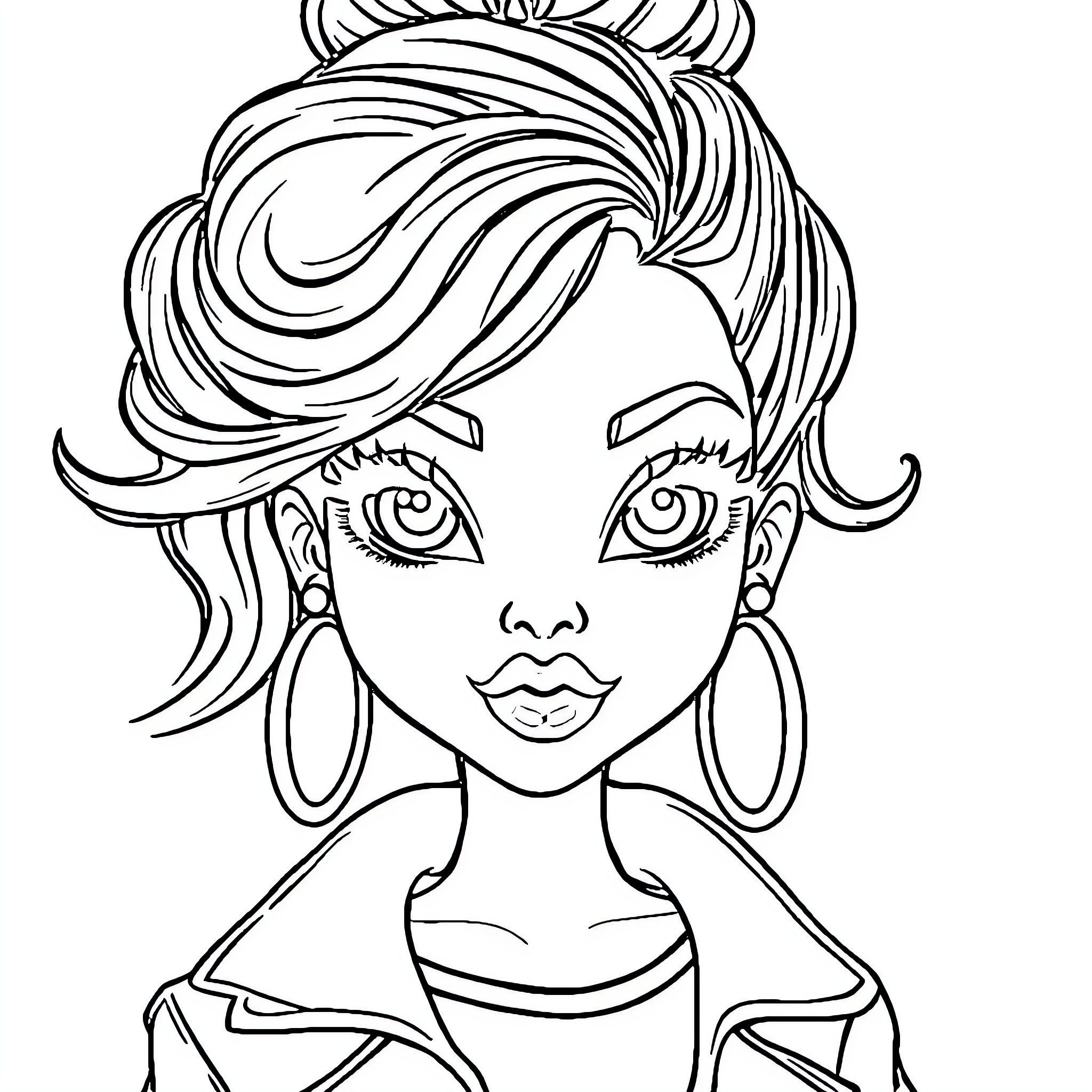 Bratz Fashion Doll with Stylish Hairstyle Coloring Page (free black-and-white line drawing printable PDF for all, from beginners to advanced learners, including children, teens, adults, and seniors)