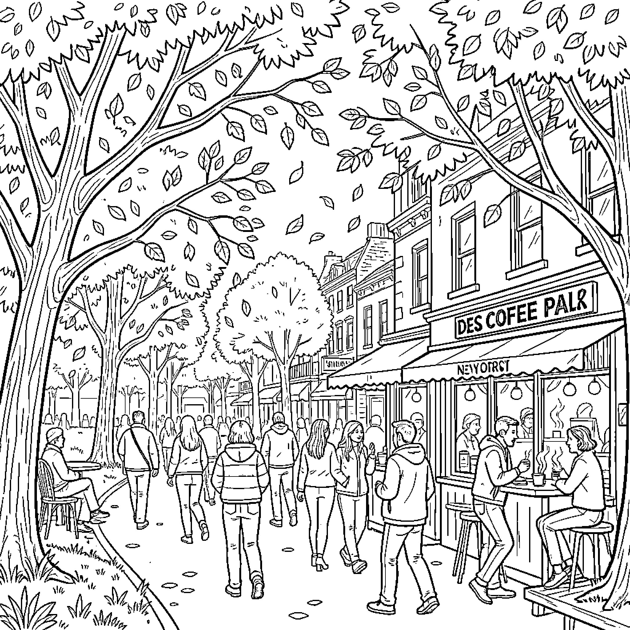 Fall stroll through a busy street with cafes Coloring Page (free black-and-white line drawing printable PDF for all, from beginners to advanced learners, including children, teens, adults, and seniors)