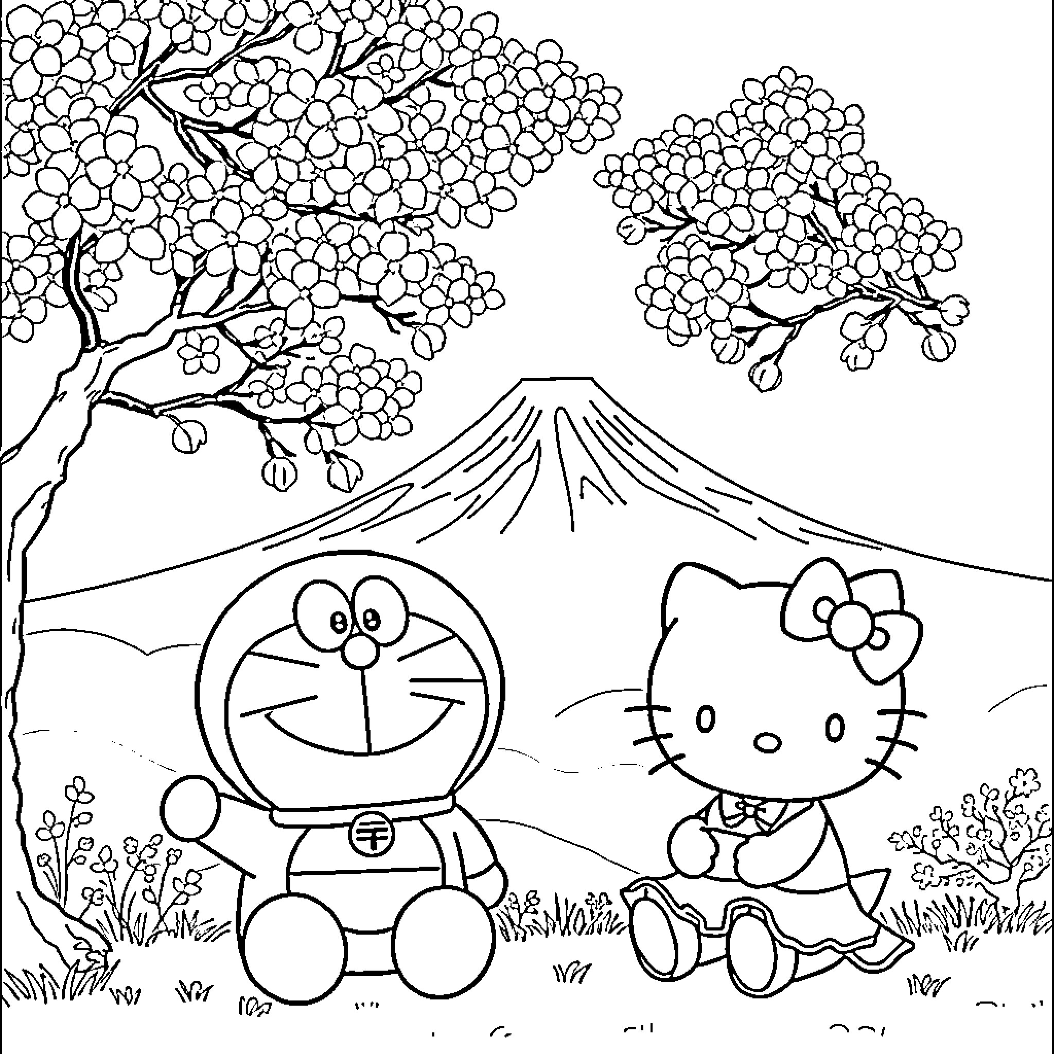 Doraemon and Hello Kitty enjoying scenic nature Coloring Page (free black-and-white line drawing printable PDF for all, from beginners to advanced learners, including children, teens, adults, and seniors)