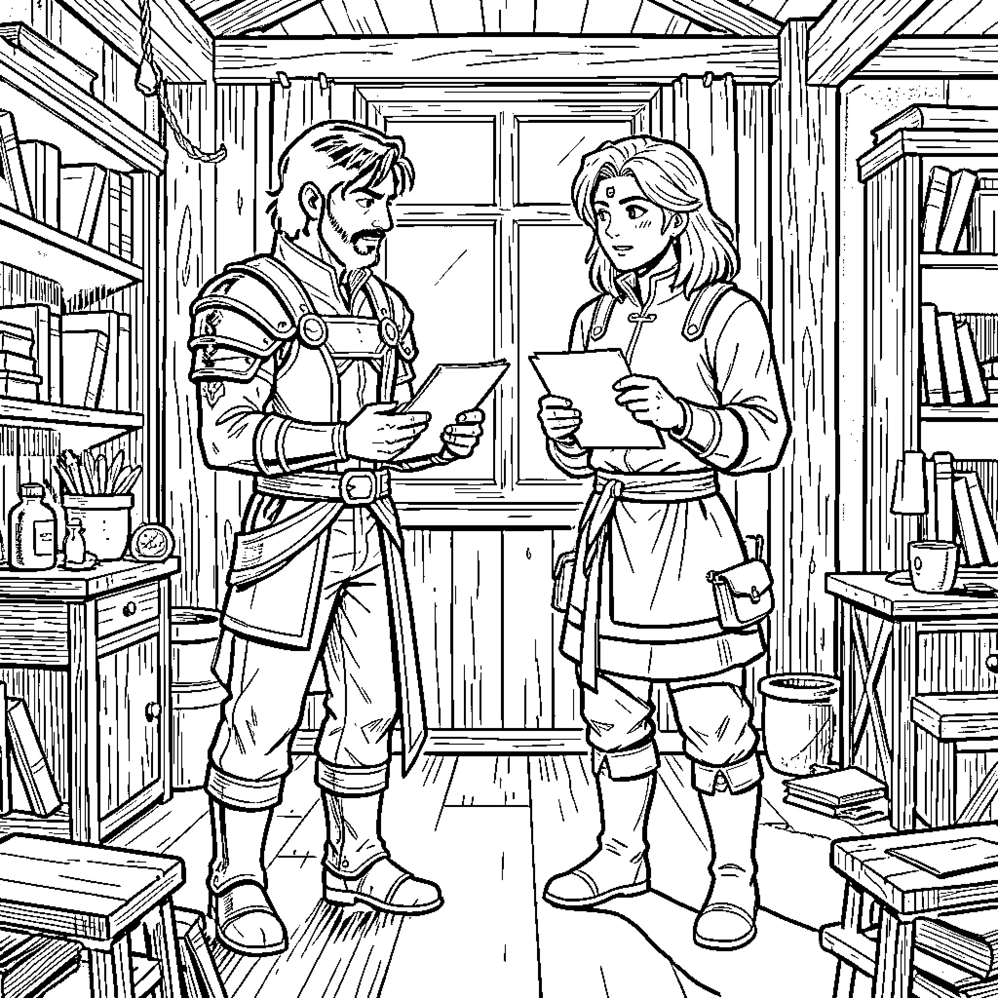 Saga of two adventurers discussing a map indoors Coloring Page (free black-and-white line drawing printable PDF for all, from beginners to advanced learners, including children, teens, adults, and seniors)