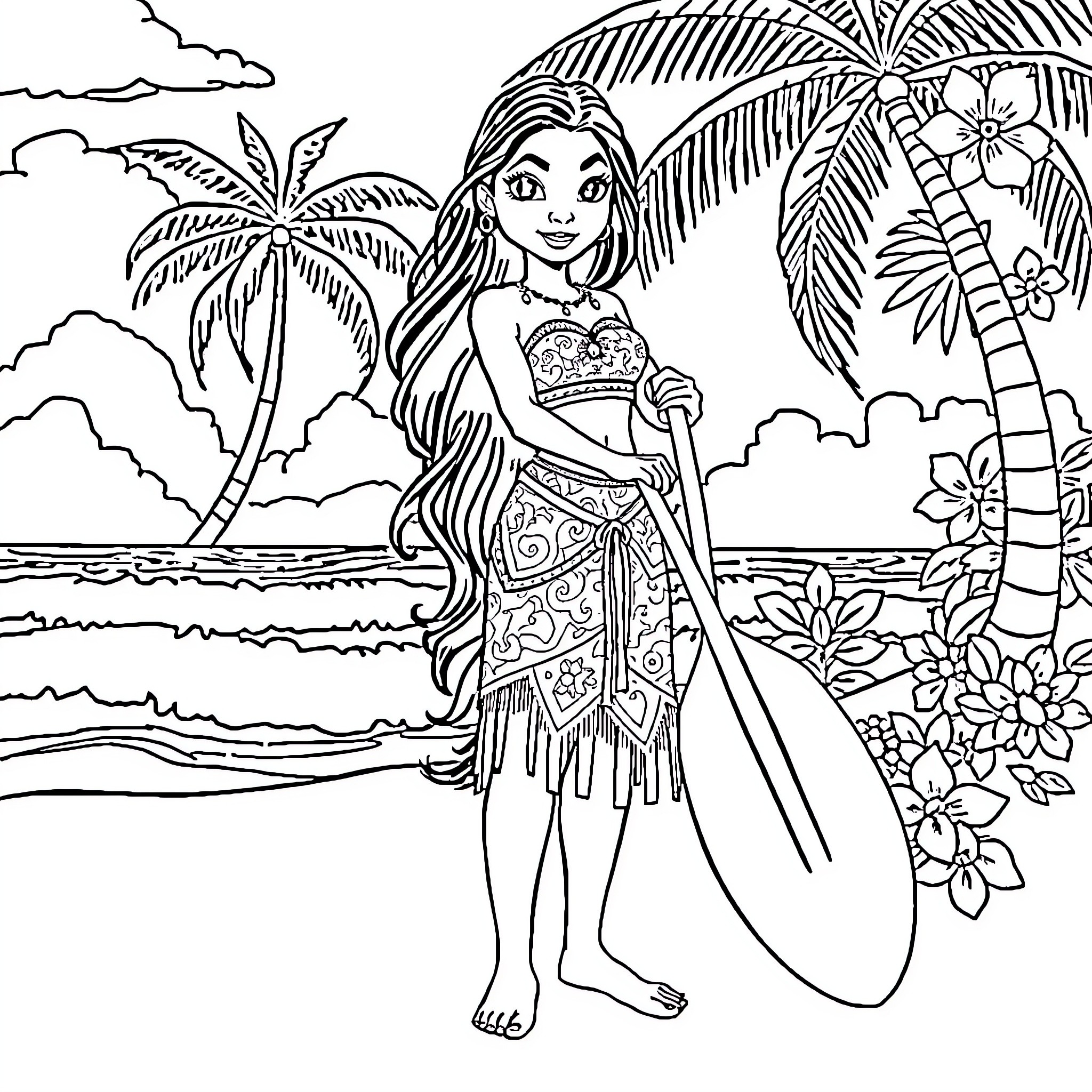 Vaiana enjoying the tropical scenery Coloring Page (free black-and-white line drawing printable PDF for all, from beginners to advanced learners, including children, teens, adults, and seniors)