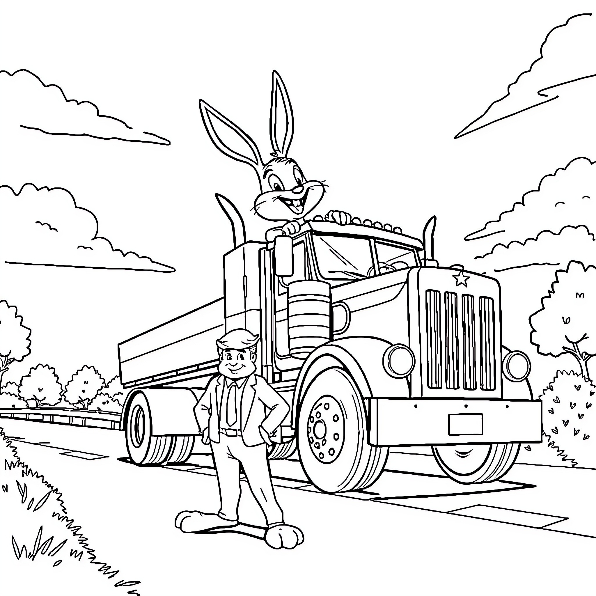 Roger Rabbit driving a big rig truck in the countryside Coloring Page (free black-and-white line drawing printable PDF for all, from beginners to advanced learners, including children, teens, adults, and seniors)