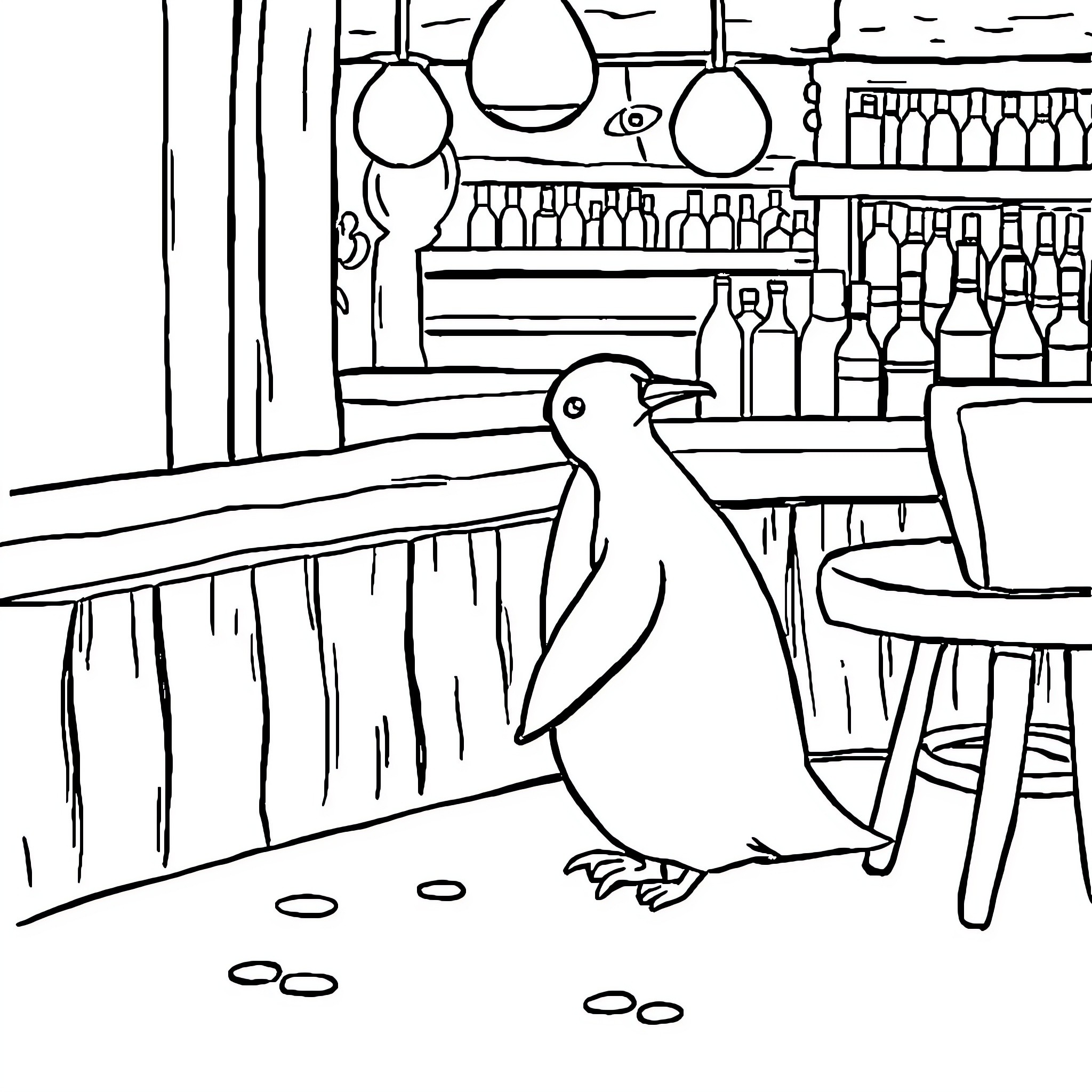 Penguin enjoying a drink at the bar Coloring Page (free black-and-white line drawing printable PDF for all, from beginners to advanced learners, including children, teens, adults, and seniors)