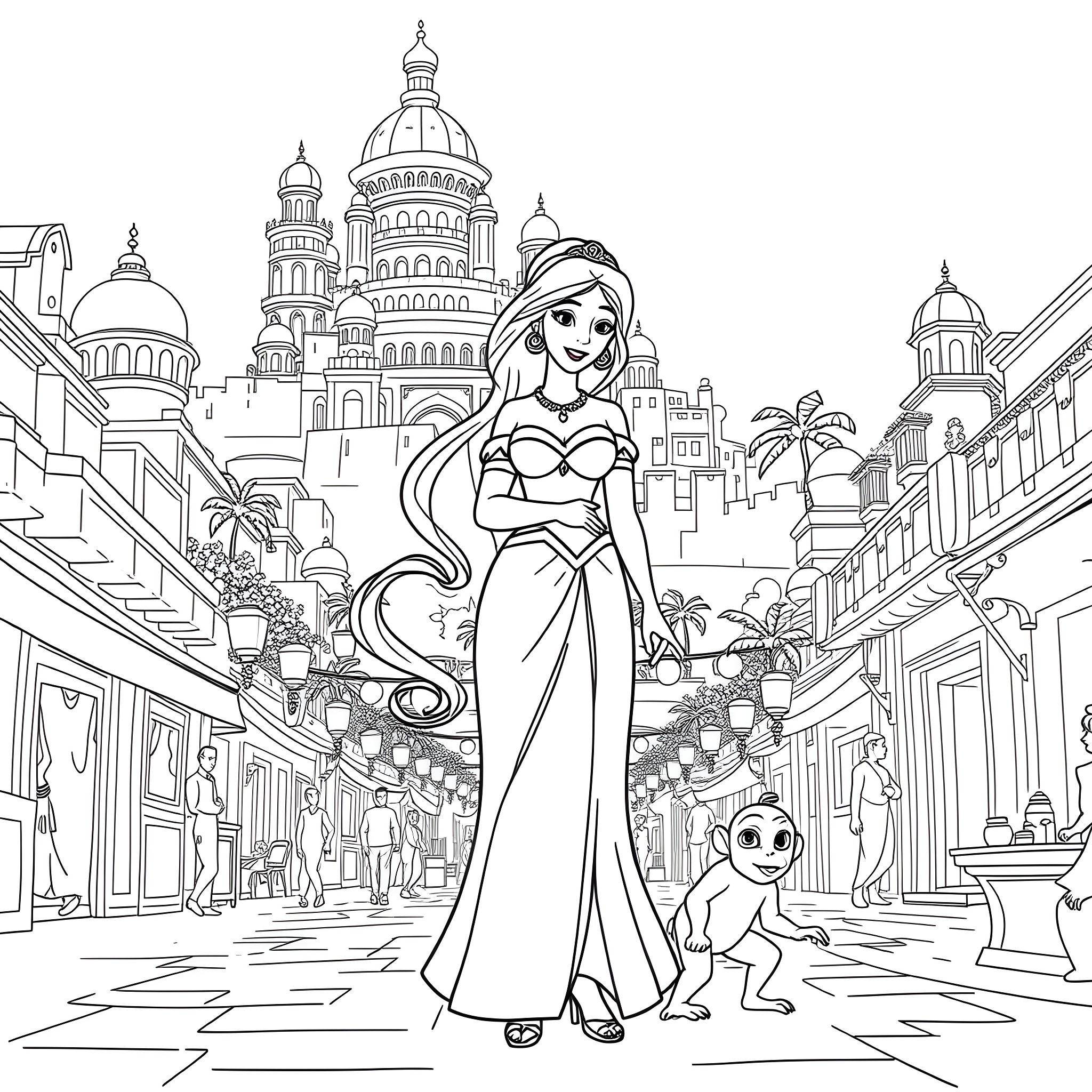 Jasmine exploring the vibrant city with Rajah Coloring Page (free black-and-white line drawing printable PDF for all, from beginners to advanced learners, including children, teens, adults, and seniors)