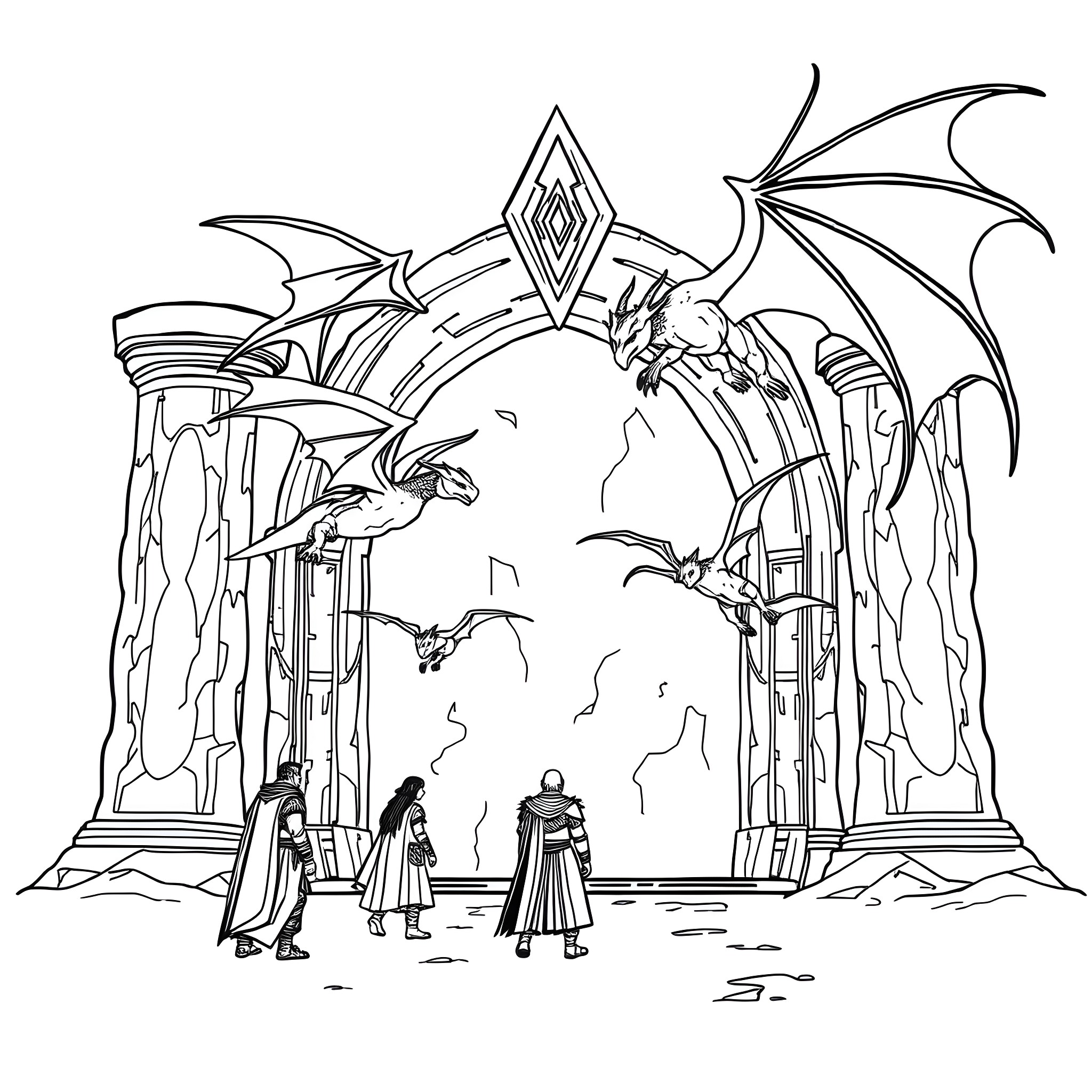 Portal to a fantastical realm with dragons Coloring Page (free black-and-white line drawing printable PDF for all, from beginners to advanced learners, including children, teens, adults, and seniors)
