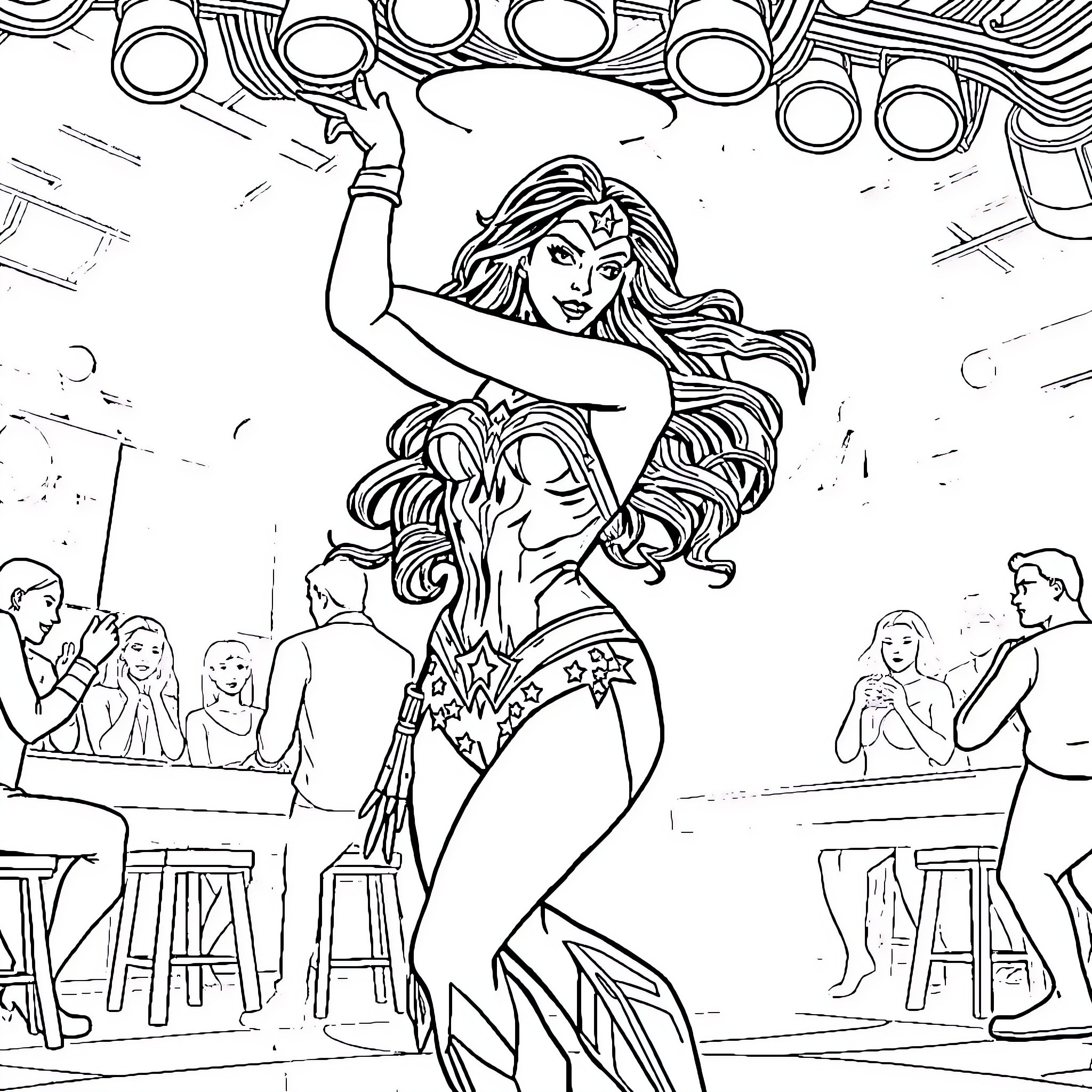 Wonder Woman fighting heroically on stage Coloring Page (free black-and-white line drawing printable PDF for all, from beginners to advanced learners, including children, teens, adults, and seniors)