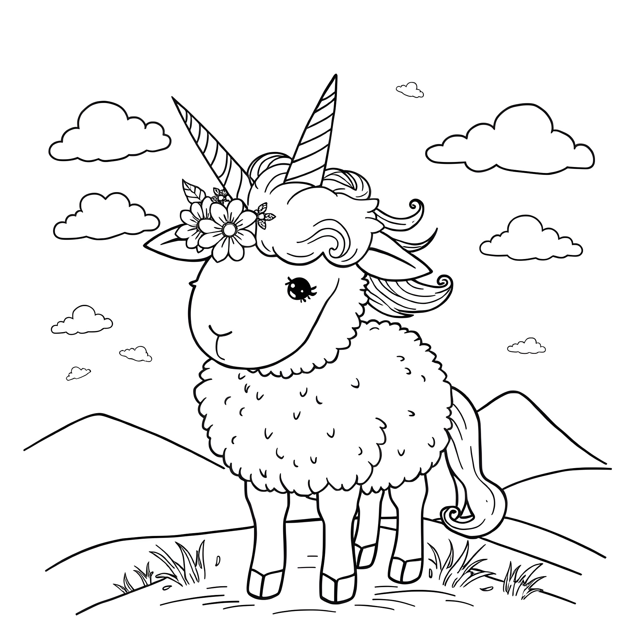 Unicorn Lamb with Floral Crown in Scenic Landscape Coloring Page (free black-and-white line drawing printable PDF for all, from beginners to advanced learners, including children, teens, adults, and seniors)
