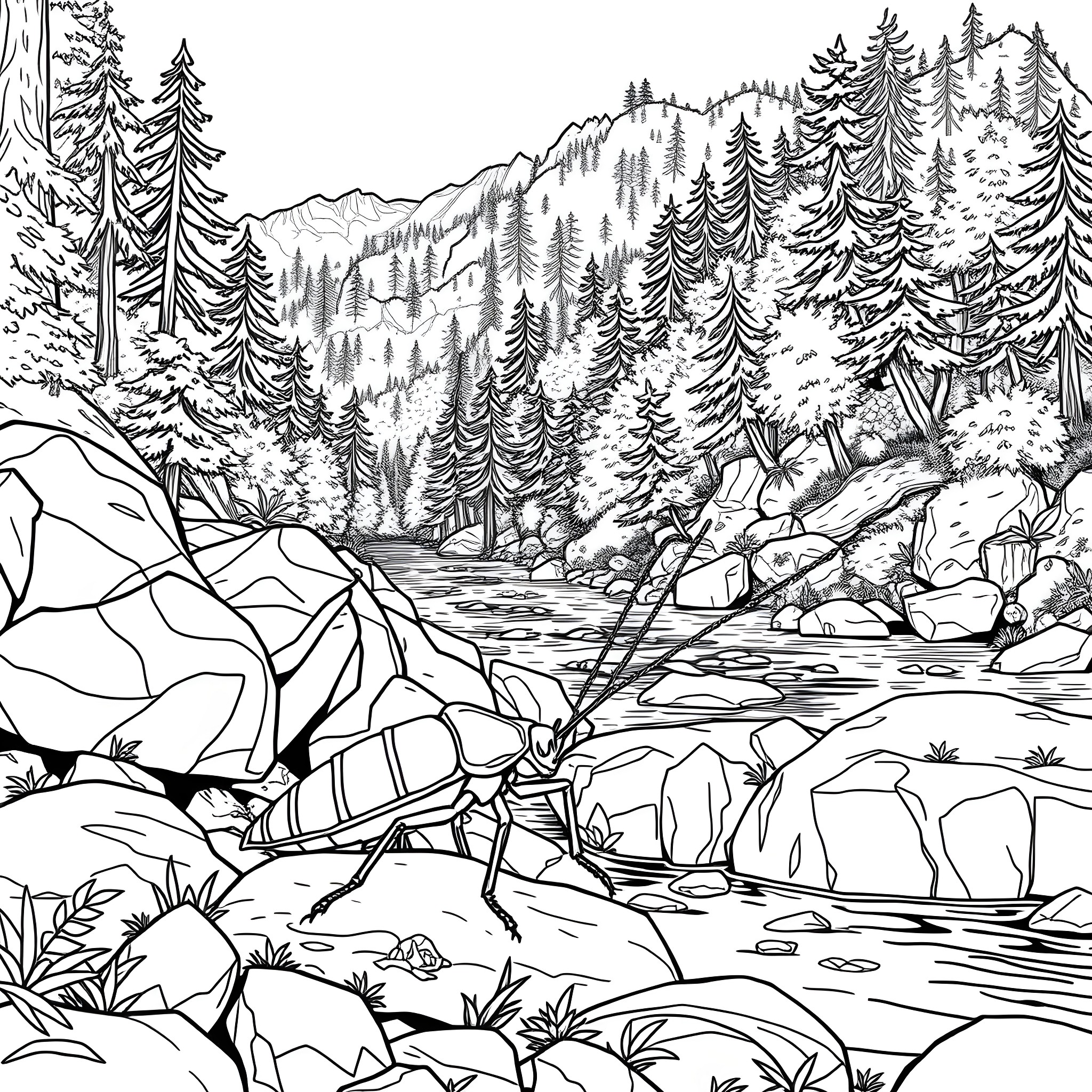 Cockroach exploring serene forest landscape Coloring Page (free black-and-white line drawing printable PDF for all, from beginners to advanced learners, including children, teens, adults, and seniors)