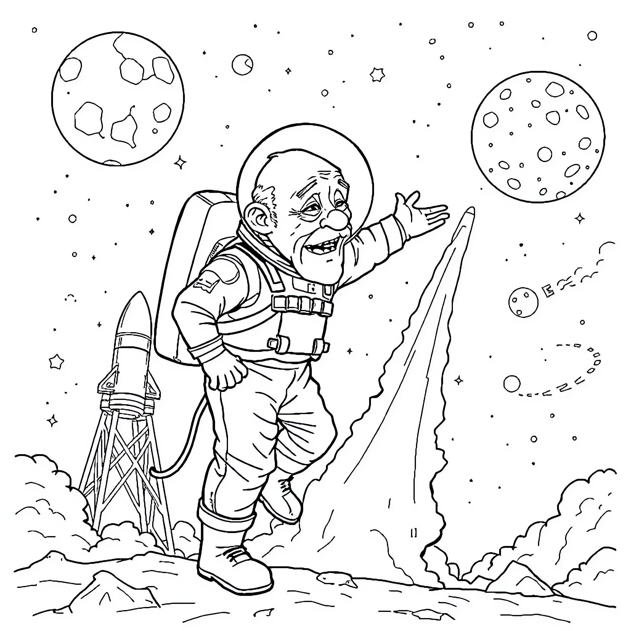 Man exploring the vast expanse of space Coloring Page (free black-and-white line drawing printable PDF for all, from beginners to advanced learners, including children, teens, adults, and seniors)