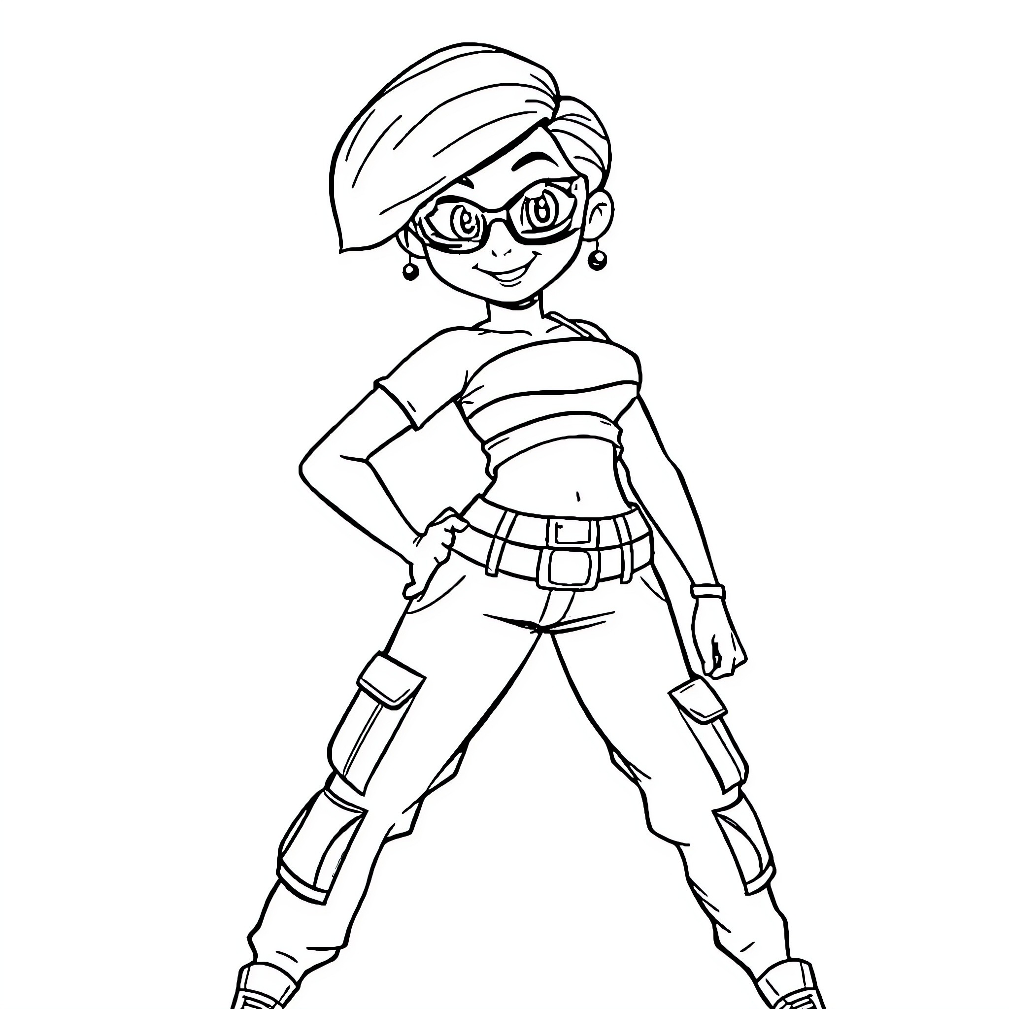 Kim Possible in heroic action pose Coloring Page (free black-and-white line drawing printable PDF for all, from beginners to advanced learners, including children, teens, adults, and seniors)
