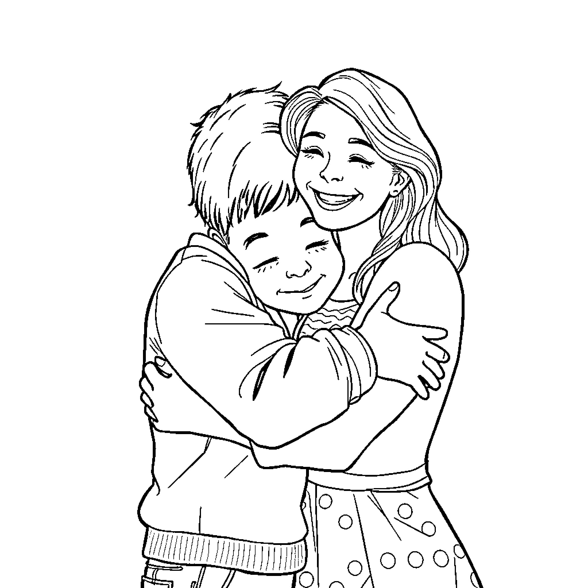 Mother and Son Sharing a Warm Embrace Coloring Page (free black-and-white line drawing printable PDF for all, from beginners to advanced learners, including children, teens, adults, and seniors)
