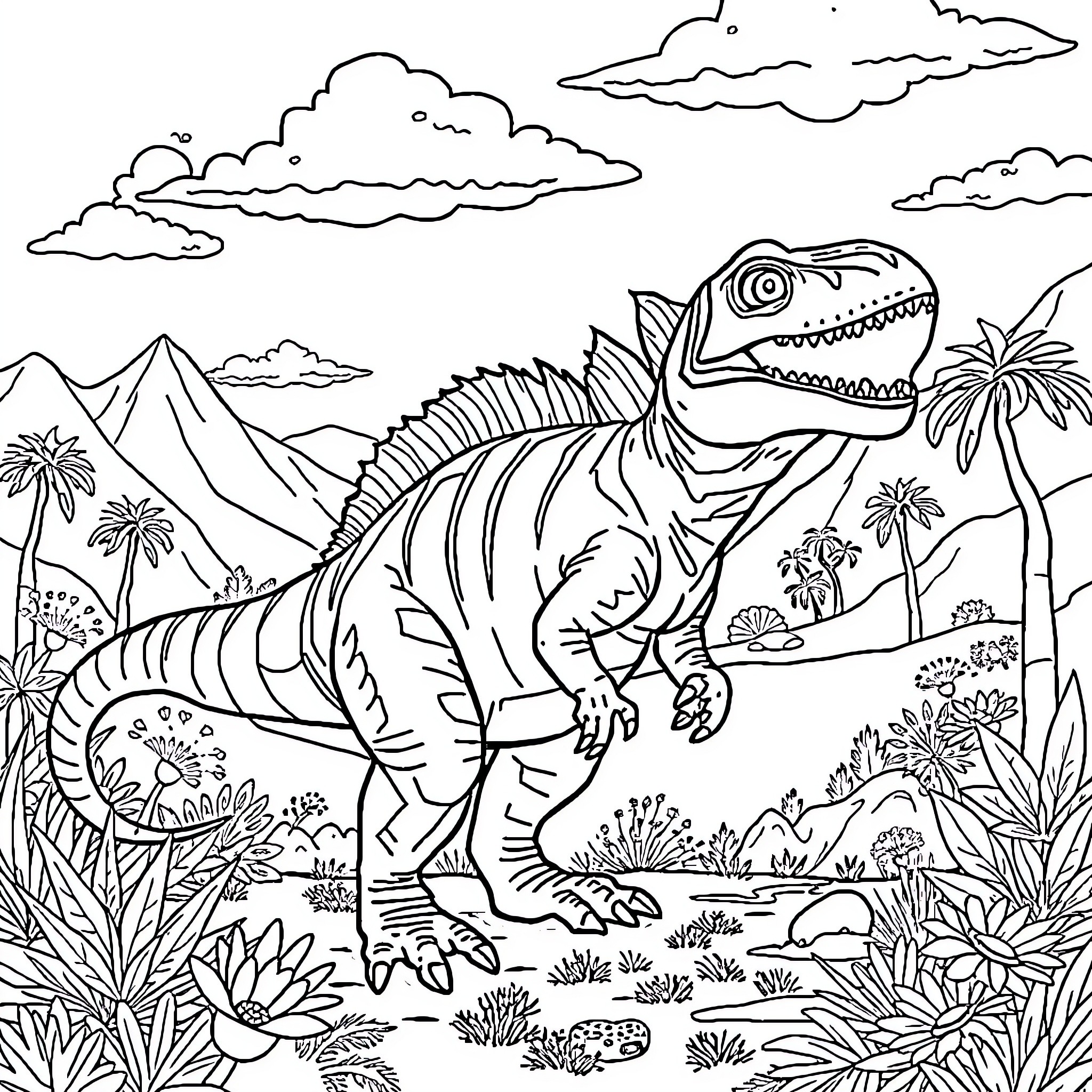 Iguanodon exploring prehistoric landscape Coloring Page (free black-and-white line drawing printable PDF for all, from beginners to advanced learners, including children, teens, adults, and seniors)