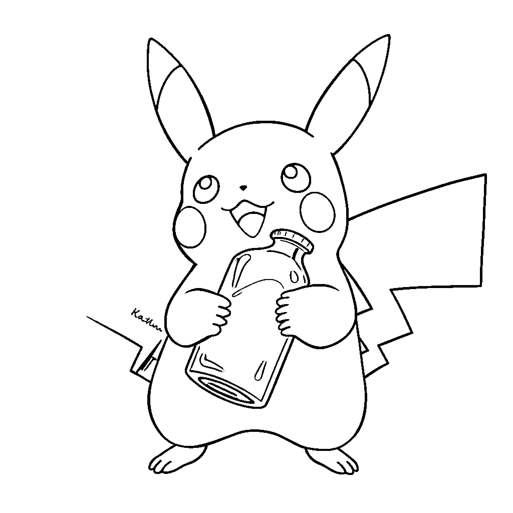 Pikachu enjoying a tasty snack Coloring Page (free black-and-white line drawing printable PDF for all, from beginners to advanced learners, including children, teens, adults, and seniors)