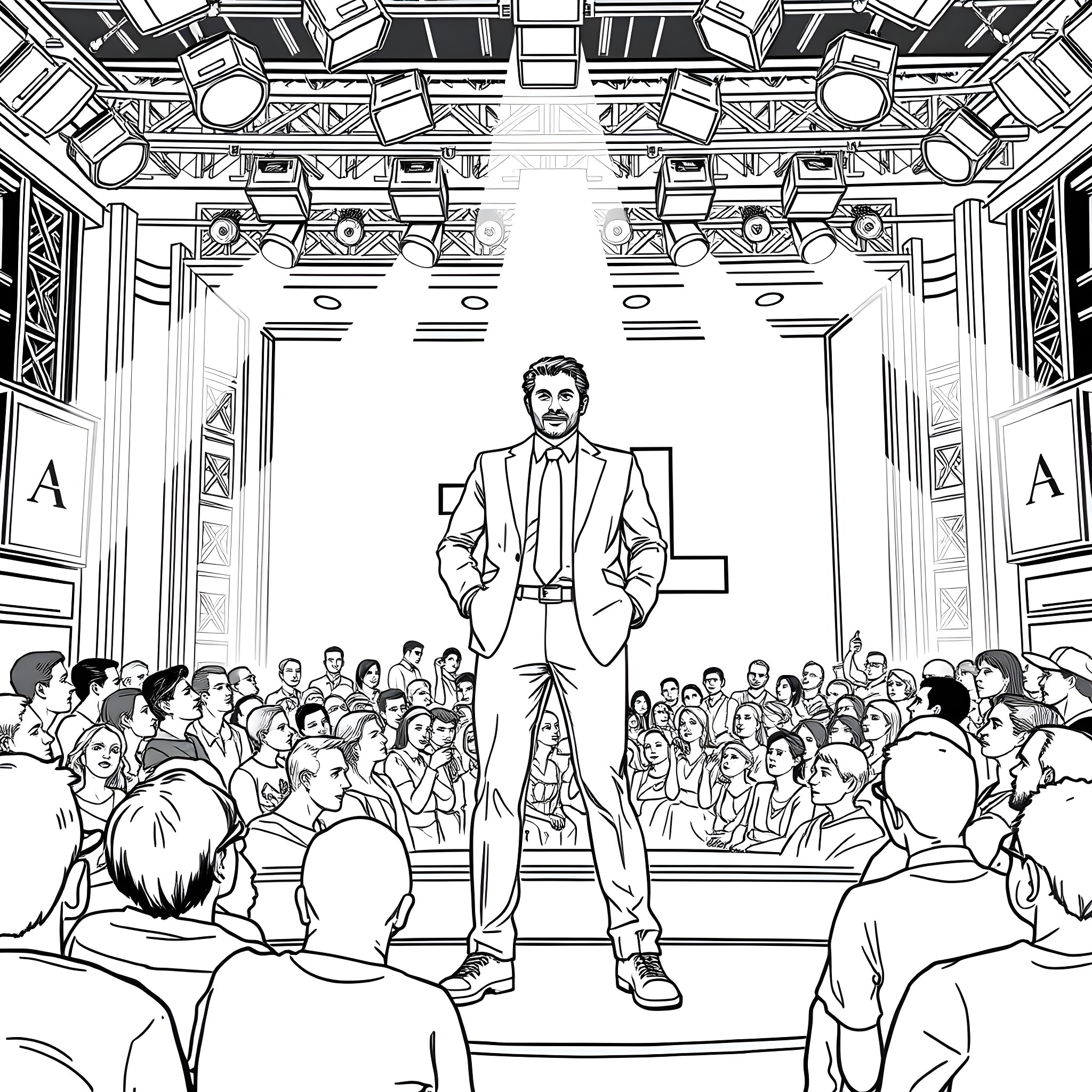 Greg James addressing a large audience on stage Coloring Page (free black-and-white line drawing printable PDF for all, from beginners to advanced learners, including children, teens, adults, and seniors)