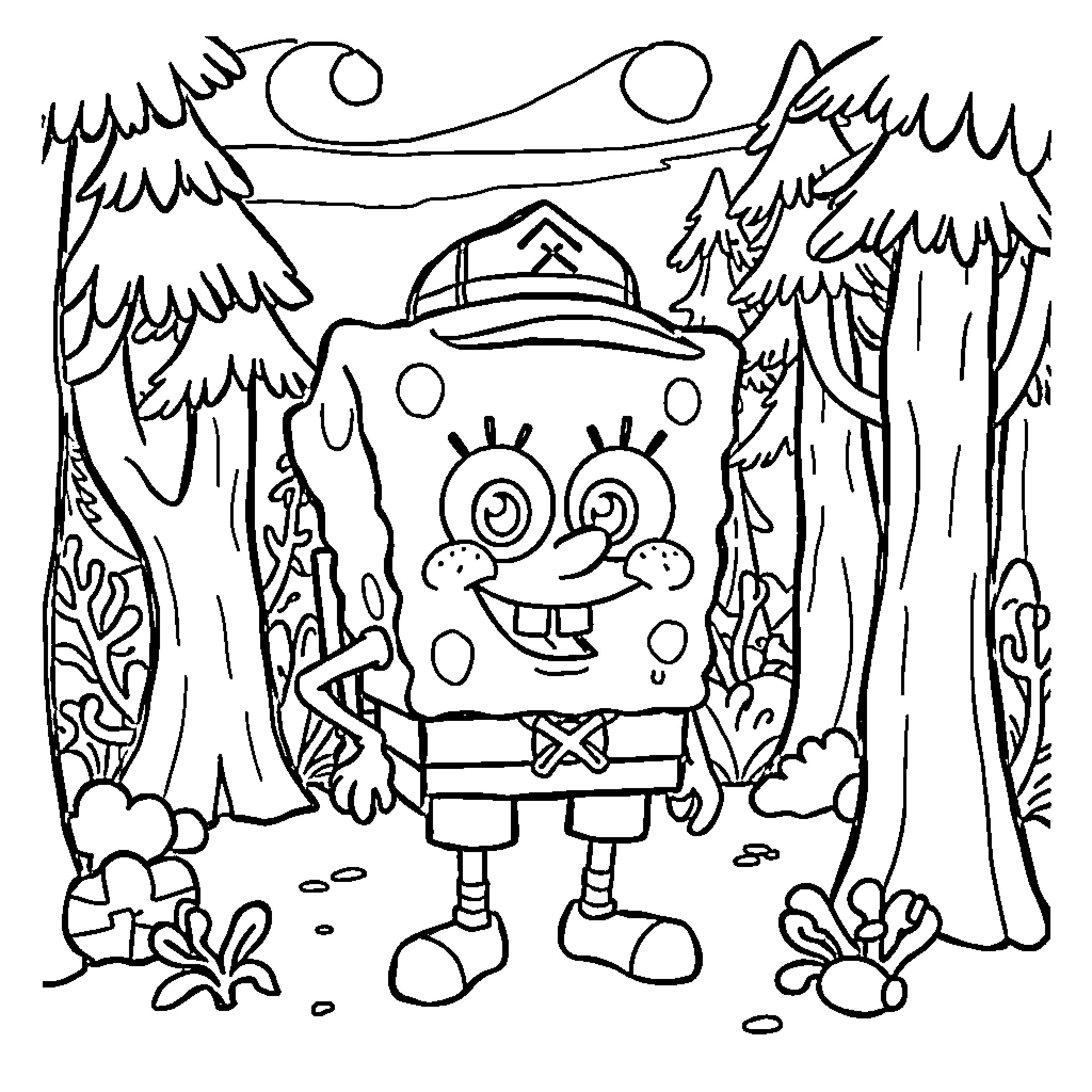 Sandy Cheeks hiking through the forest with a joyful expression Coloring Page (free black-and-white line drawing printable PDF for all, from beginners to advanced learners, including children, teens, adults, and seniors)