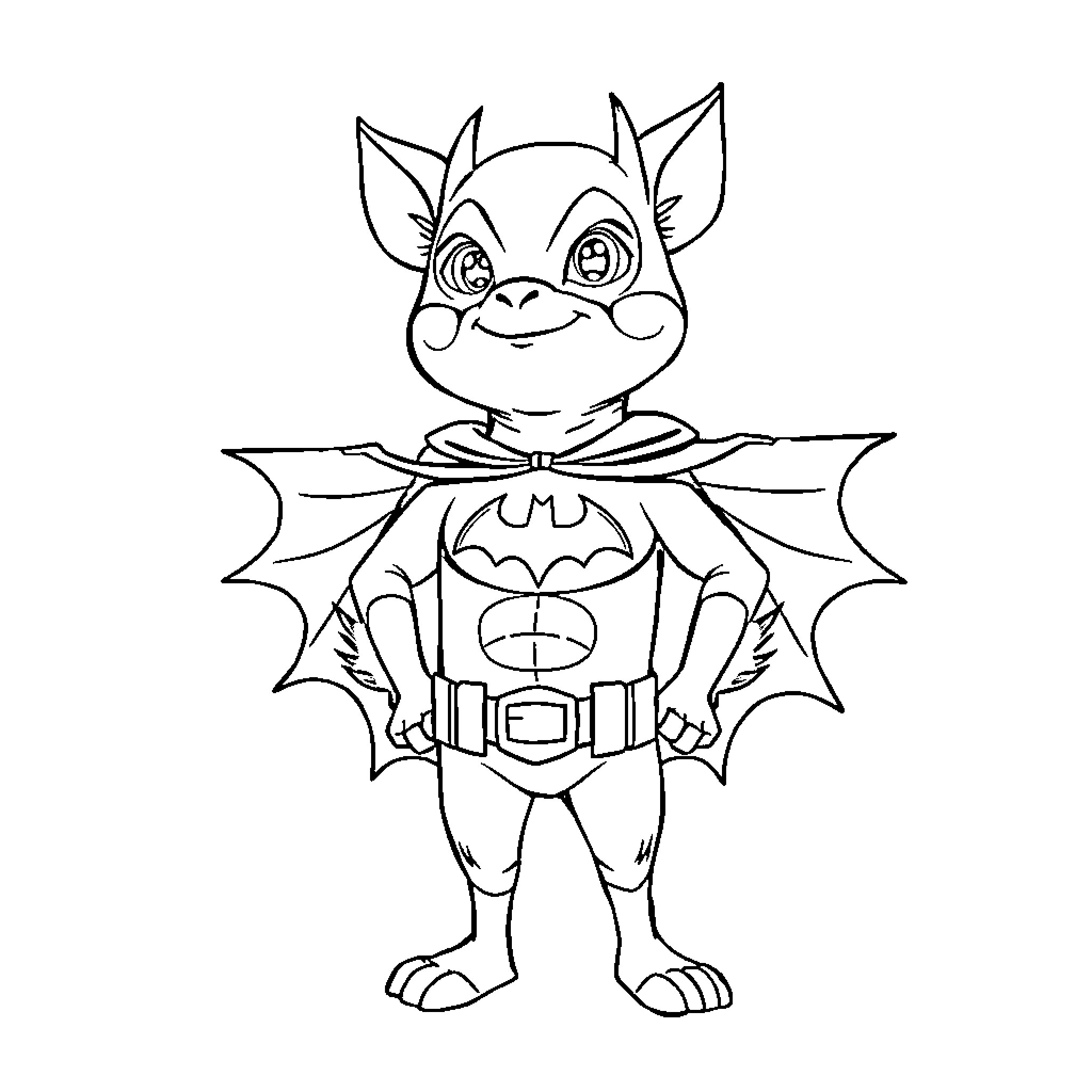 Labubu as a playful bat superhero Coloring Page (free black-and-white line drawing printable PDF for all, from beginners to advanced learners, including children, teens, adults, and seniors)