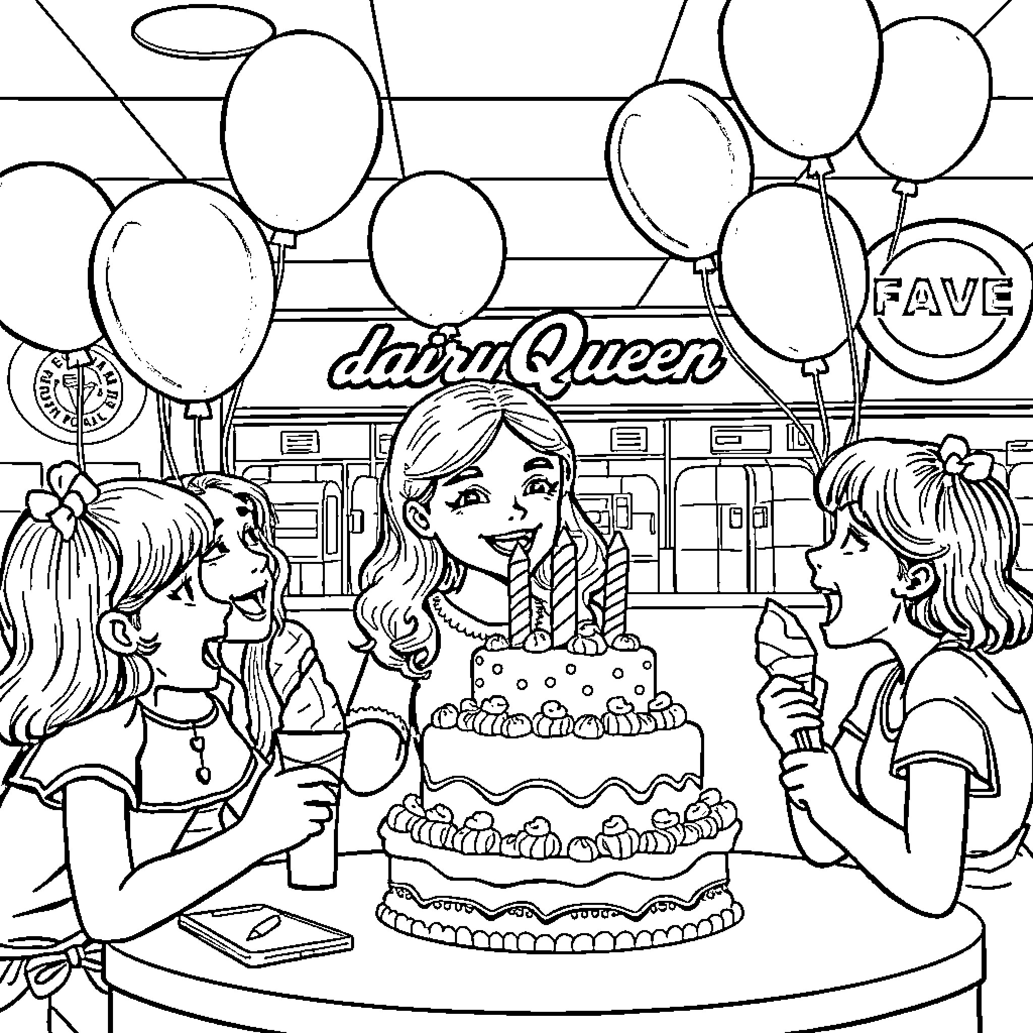 Girl Celebrating Birthday with Friends in Diner Coloring Page (free black-and-white line drawing printable PDF for all, from beginners to advanced learners, including children, teens, adults, and seniors)