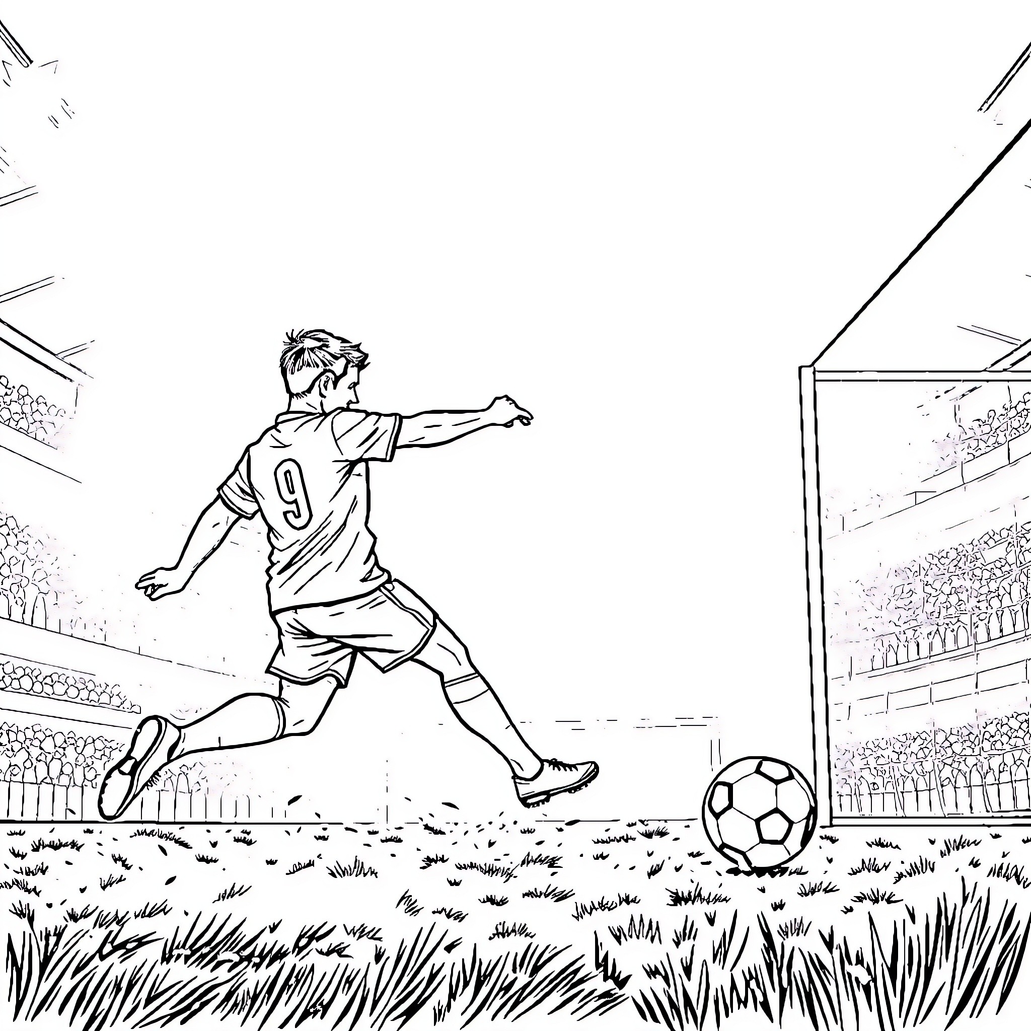 Goal Celebration of Footballer in Stadium Coloring Page (free black-and-white line drawing printable PDF for all, from beginners to advanced learners, including children, teens, adults, and seniors)