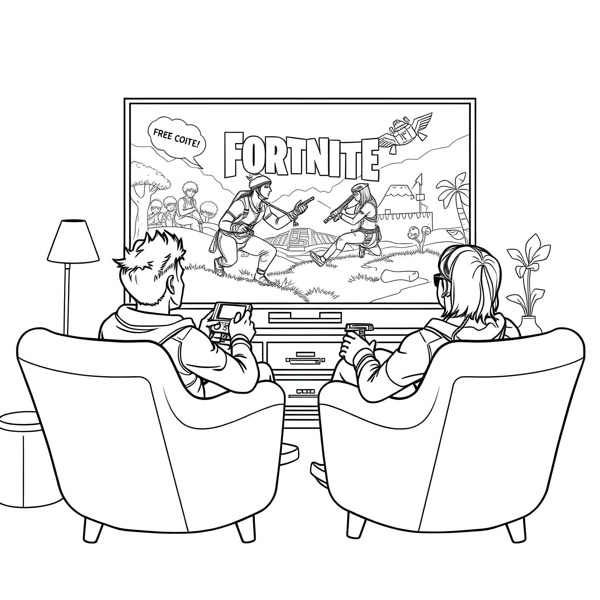 Couple enjoying video game together on television Coloring Page (free black-and-white line drawing printable PDF for all, from beginners to advanced learners, including children, teens, adults, and seniors)