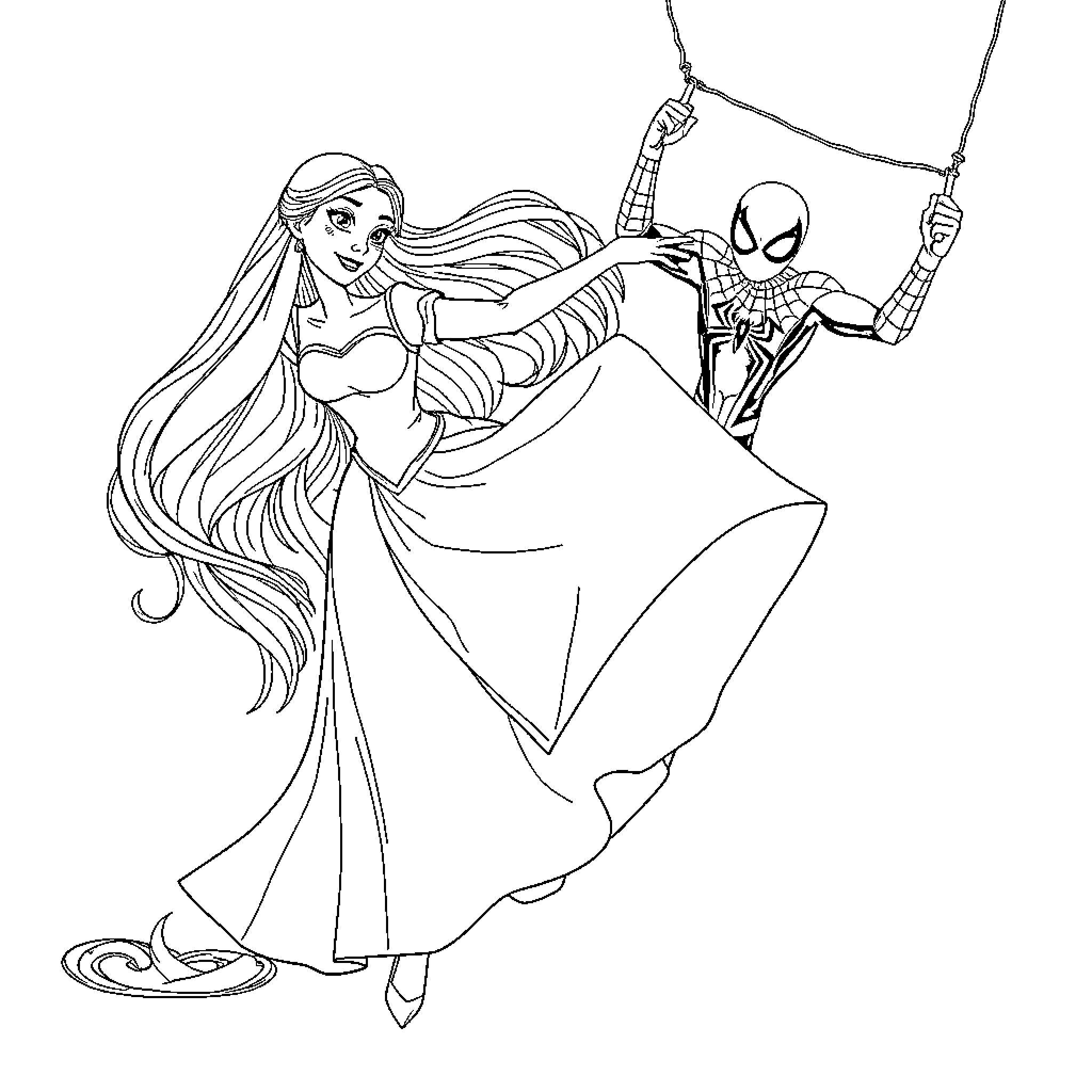Rapunzel and Spider-Man on a swinging adventure Coloring Page (free black-and-white line drawing printable PDF for all, from beginners to advanced learners, including children, teens, adults, and seniors)