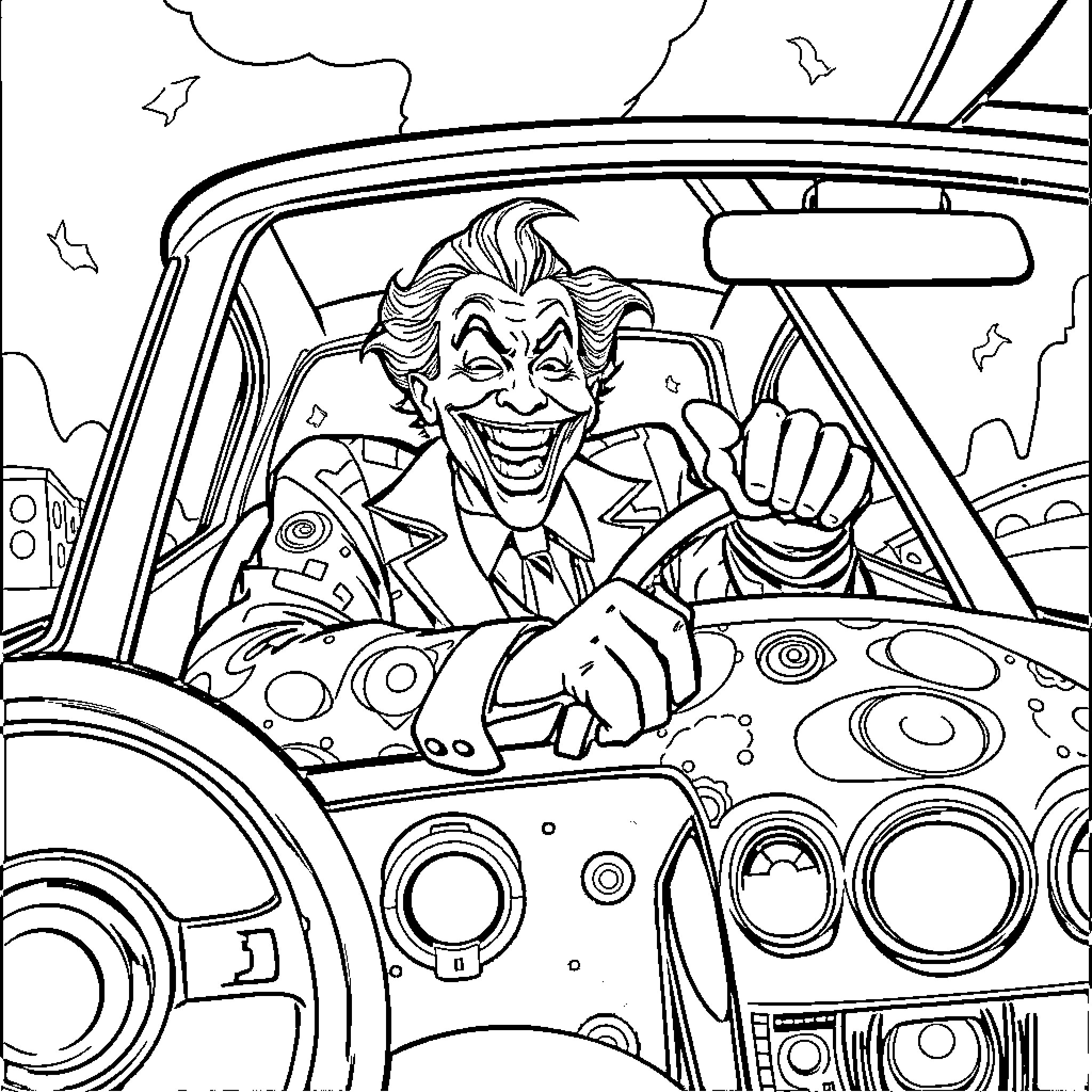 Joker's Joyride in a Quirky Car Coloring Page (free black-and-white line drawing printable PDF for all, from beginners to advanced learners, including children, teens, adults, and seniors)