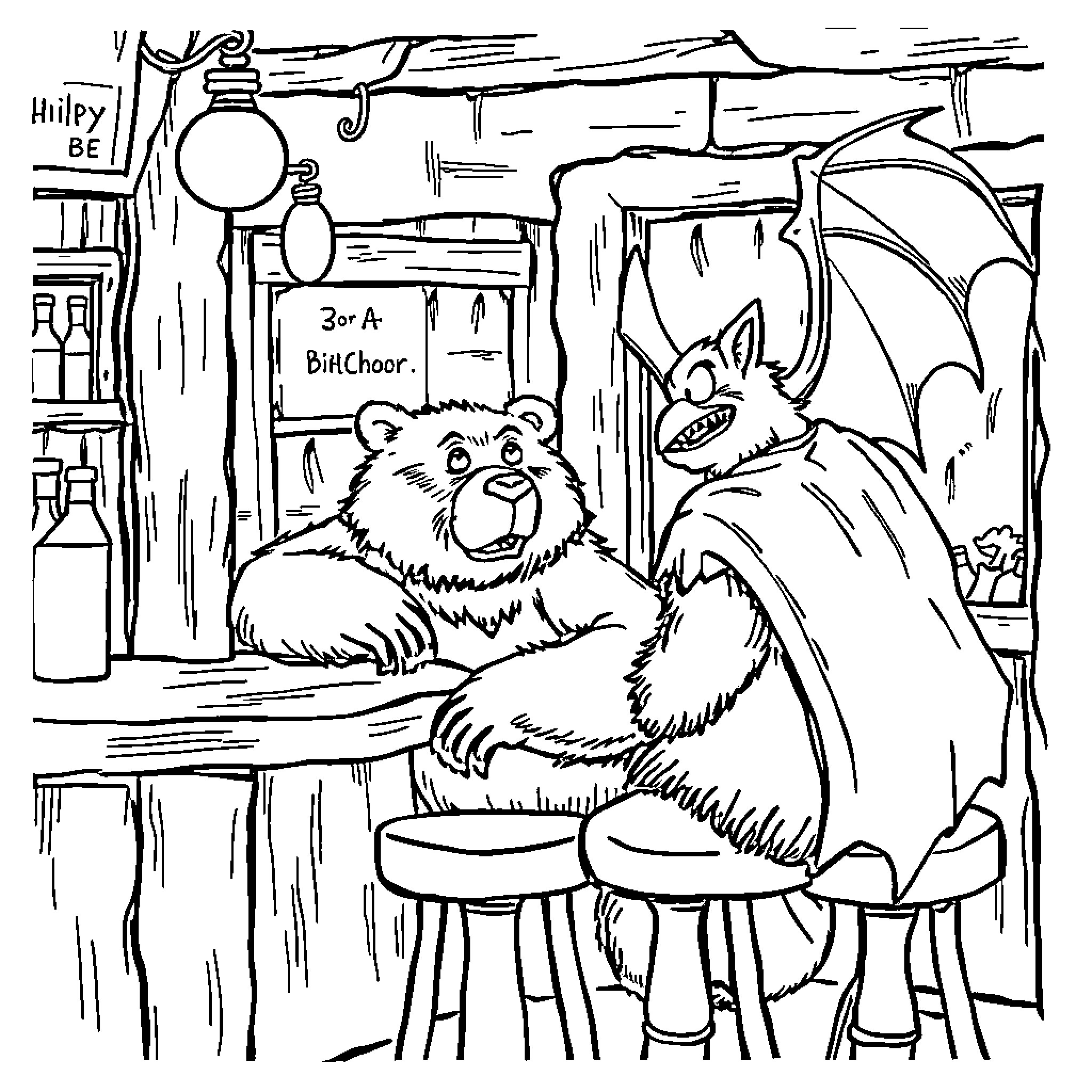 Bear drinking at the bar with bat companion Coloring Page (free black-and-white line drawing printable PDF for all, from beginners to advanced learners, including children, teens, adults, and seniors)
