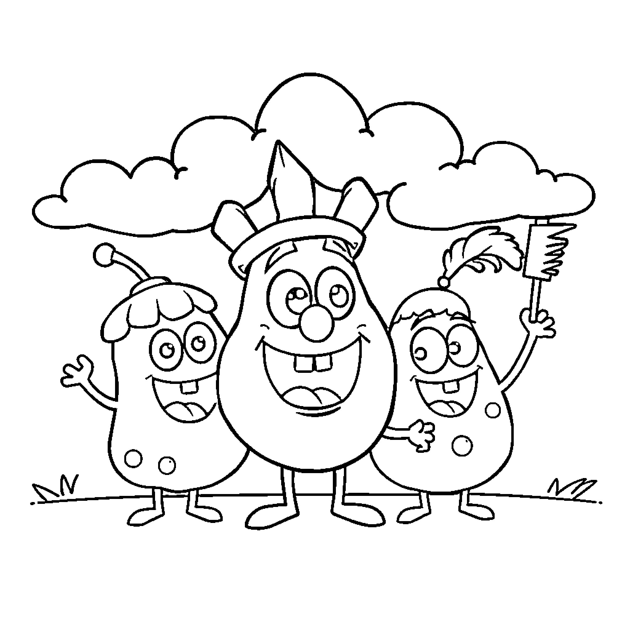 BFDI characters in a playful outdoor scene Coloring Page (free black-and-white line drawing printable PDF for all, from beginners to advanced learners, including children, teens, adults, and seniors)