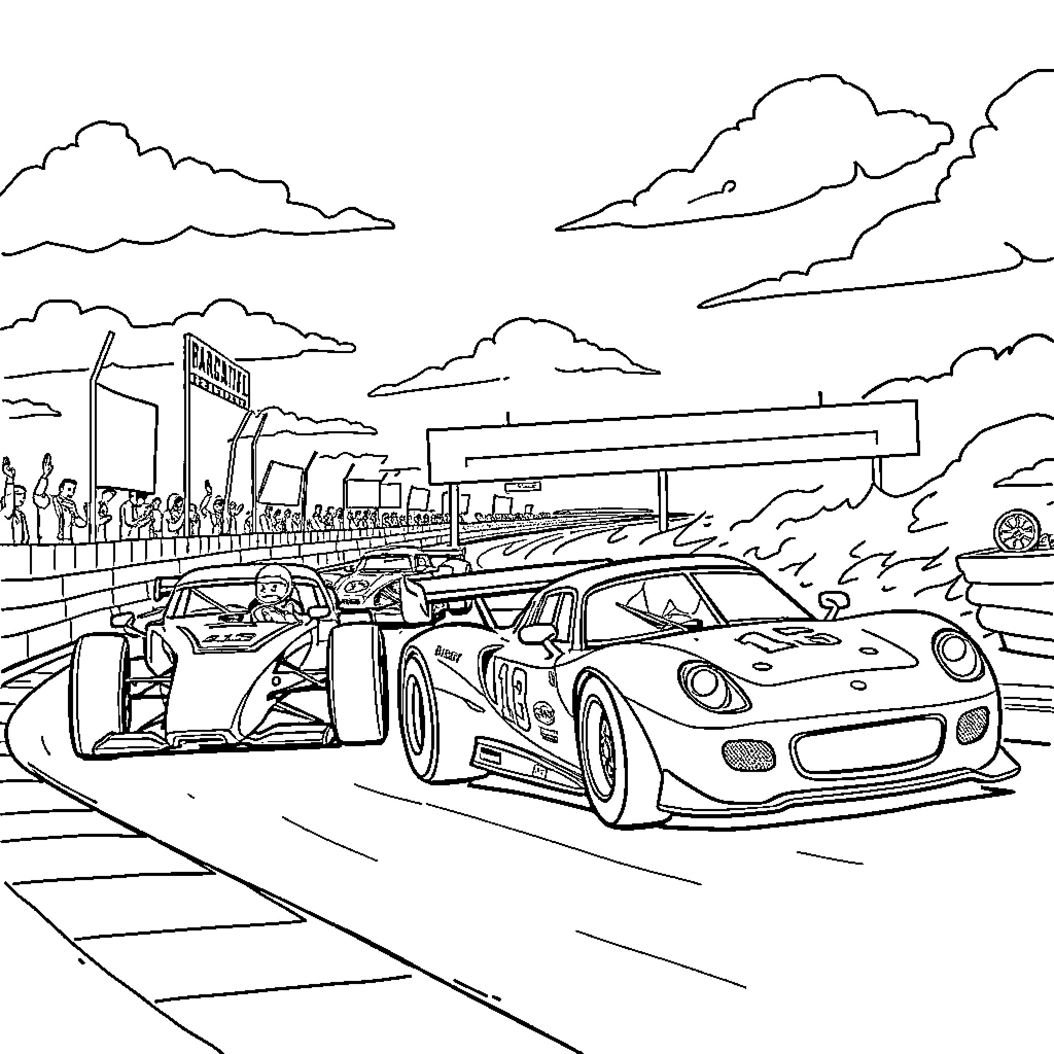 Race car action on the track Coloring Page (free black-and-white line drawing printable PDF for all, from beginners to advanced learners, including children, teens, adults, and seniors)
