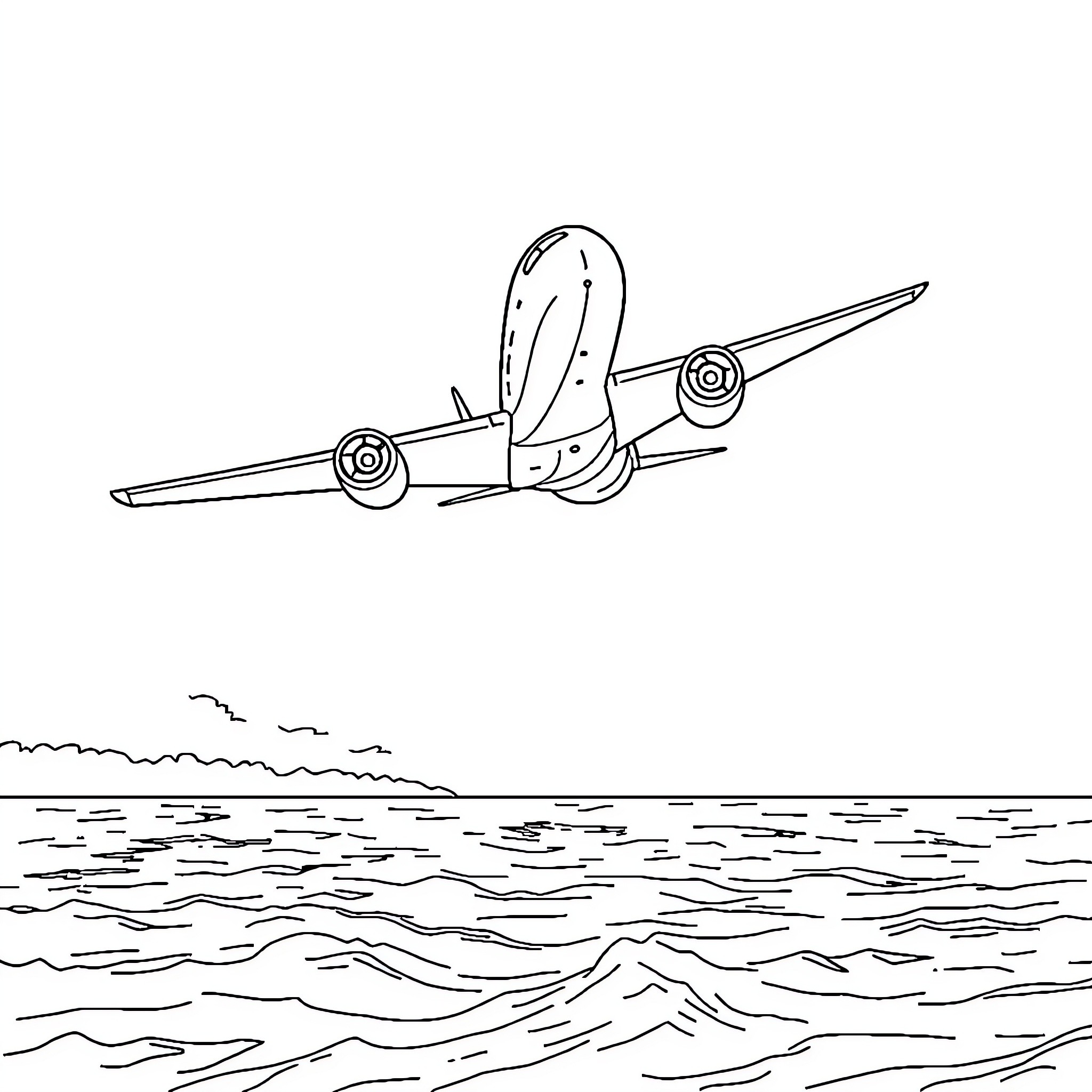 Airplane soaring over the ocean Coloring Page (free black-and-white line drawing printable PDF for all, from beginners to advanced learners, including children, teens, adults, and seniors)