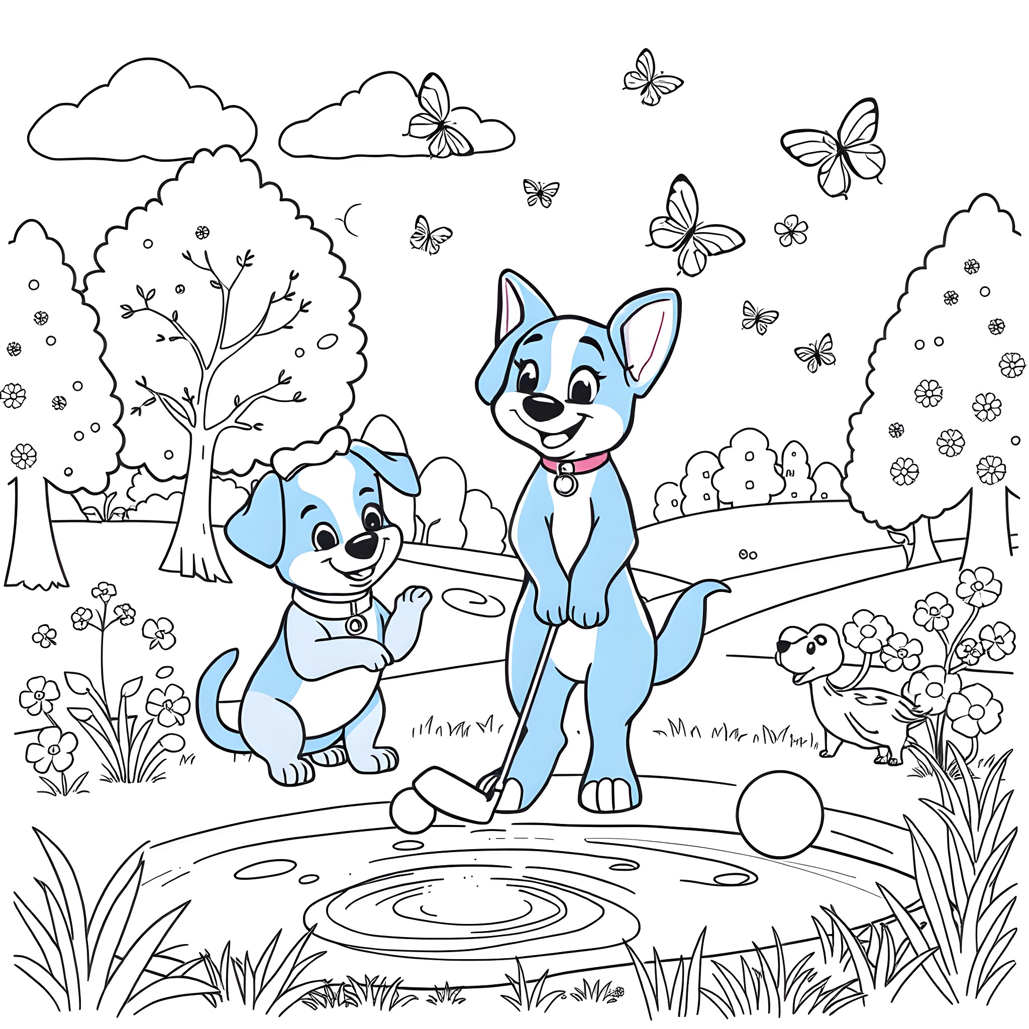 Blue's Clues: Pups Playing in the Garden Coloring Page (free black-and-white line drawing printable PDF for all, from beginners to advanced learners, including children, teens, adults, and seniors)