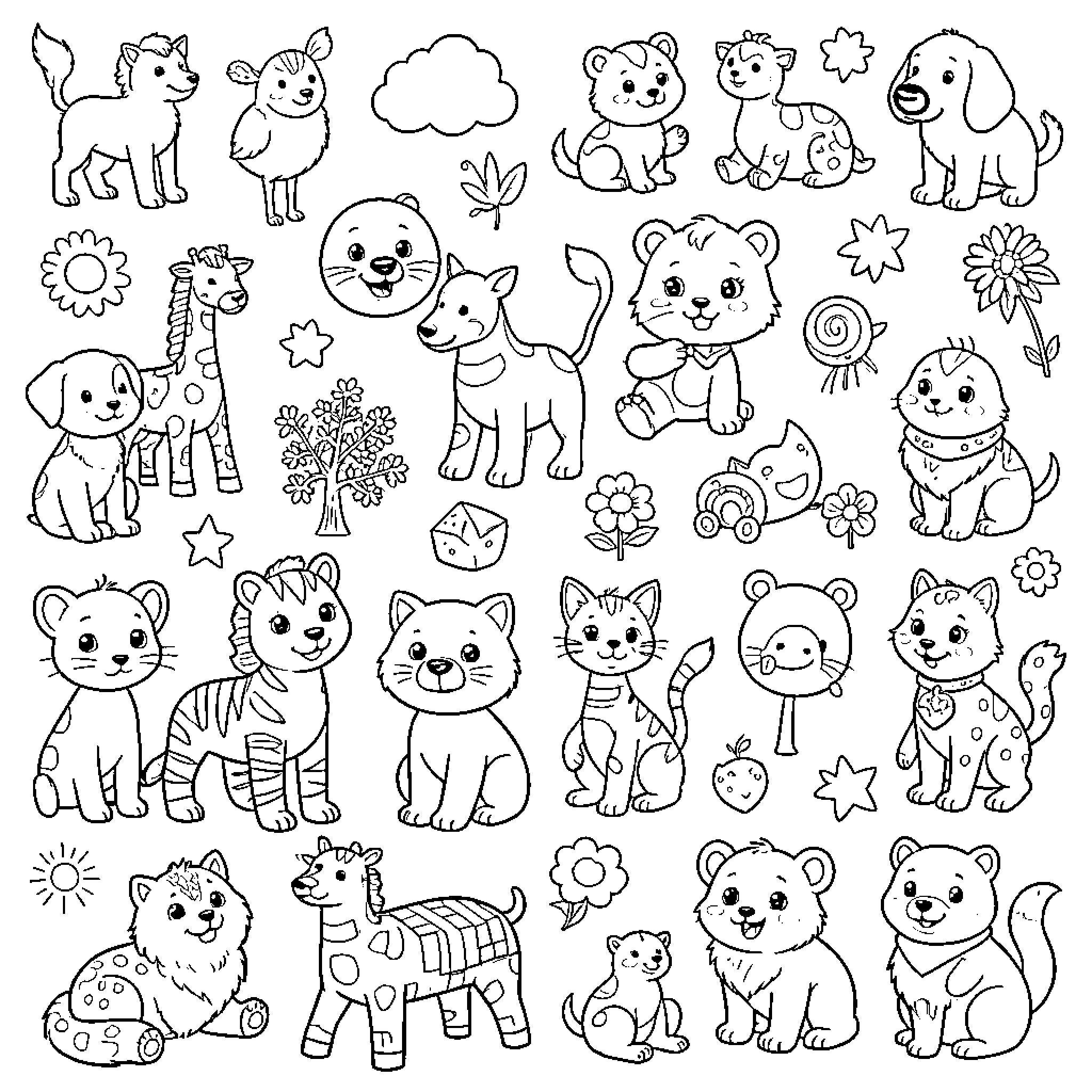 Baby animals and nature elements in black and white Coloring Page (free black-and-white line drawing printable PDF for all, from beginners to advanced learners, including children, teens, adults, and seniors)