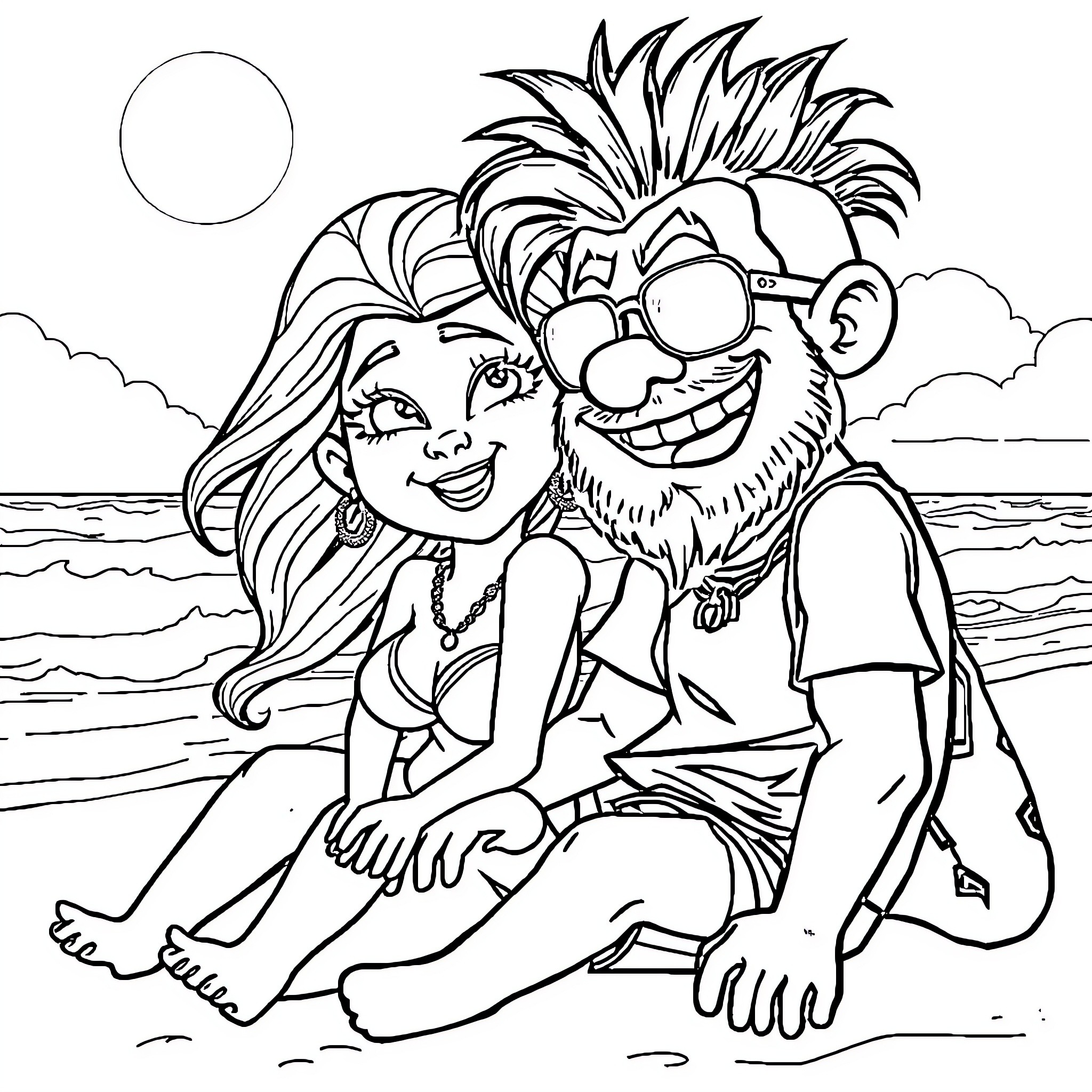 Troll couple enjoying the beach together Coloring Page (free black-and-white line drawing printable PDF for all, from beginners to advanced learners, including children, teens, adults, and seniors)