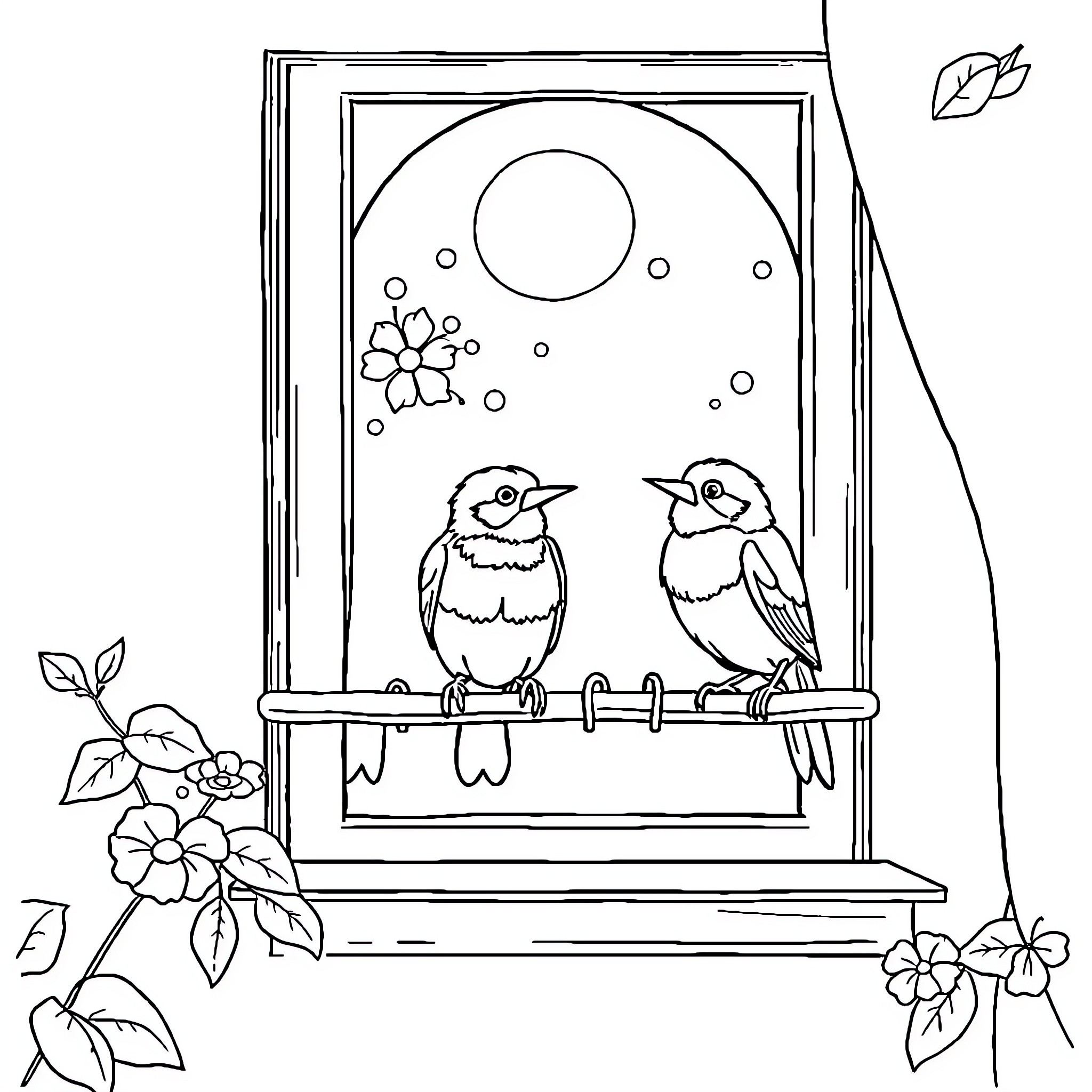 Birds perched on a windowsill with flowers Coloring Page (free black-and-white line drawing printable PDF for all, from beginners to advanced learners, including children, teens, adults, and seniors)