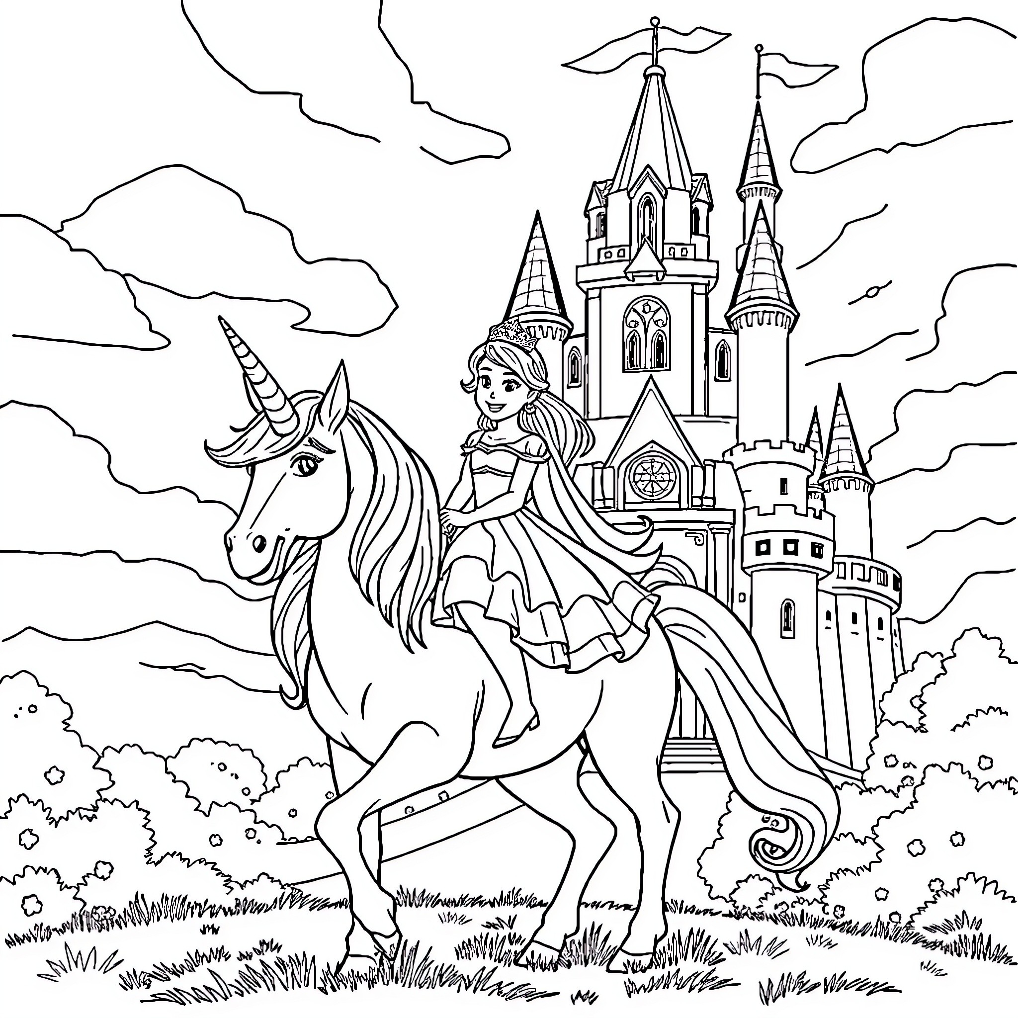 Princess Riding a Unicorn Towards the Castle Coloring Page (free black-and-white line drawing printable PDF for all, from beginners to advanced learners, including children, teens, adults, and seniors)