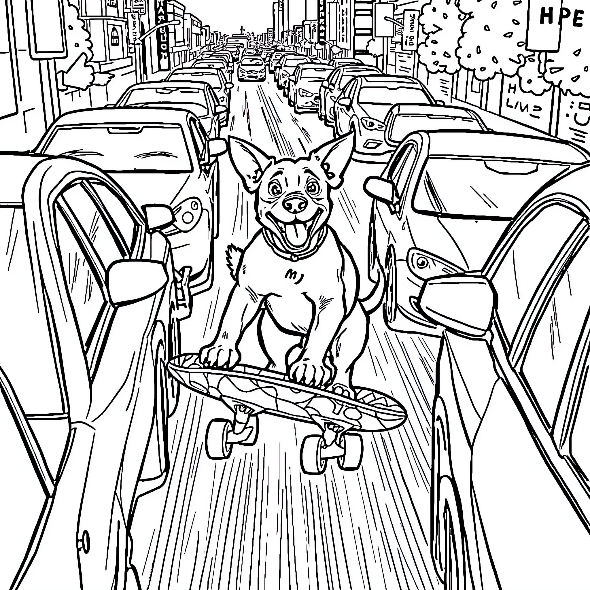 Dog riding a skateboard on a busy city street Coloring Page (free black-and-white line drawing printable PDF for all, from beginners to advanced learners, including children, teens, adults, and seniors)