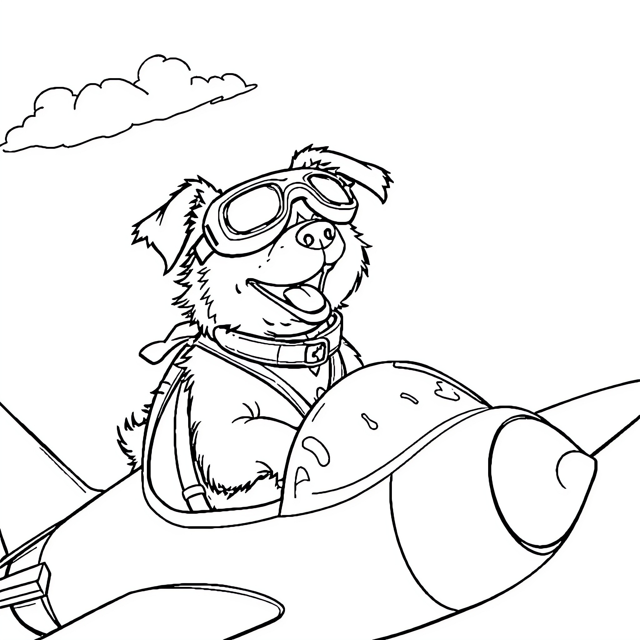 Dog flying a plane in the sky Coloring Page (free black-and-white line drawing printable PDF for all, from beginners to advanced learners, including children, teens, adults, and seniors)