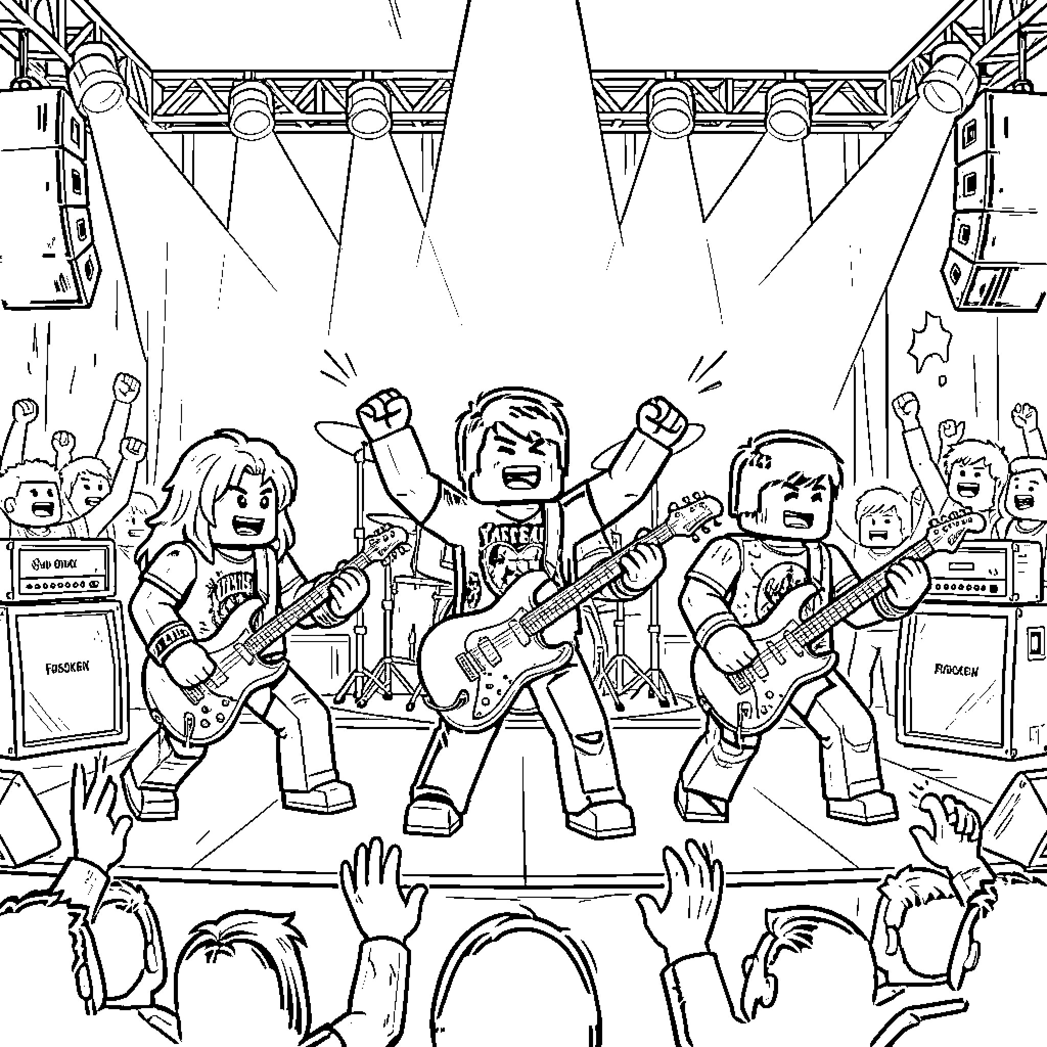 Forsaken Musicians Rock the Stage with Energy Coloring Page (free black-and-white line drawing printable PDF for all, from beginners to advanced learners, including children, teens, adults, and seniors)