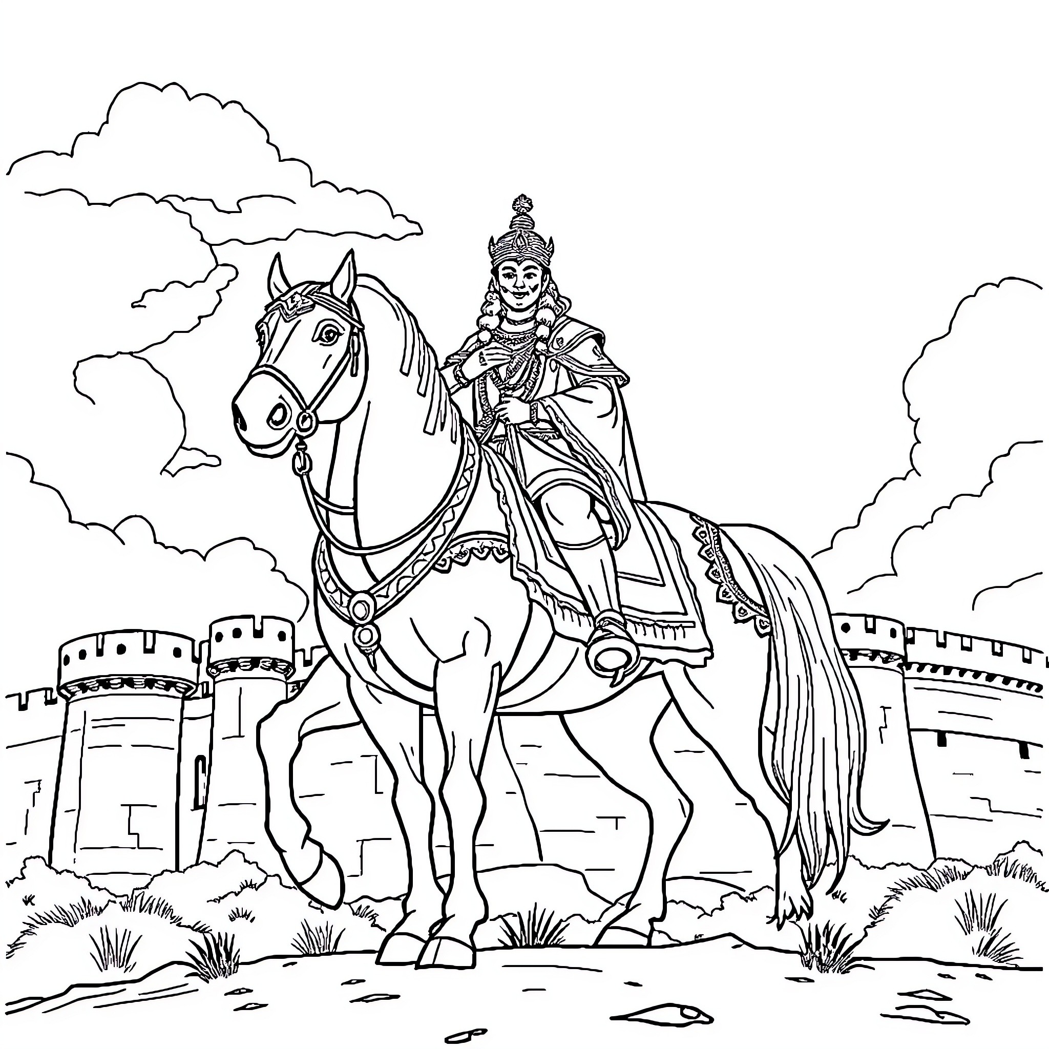 Chhatrapati Shivaji Maharaj riding a majestic horse near a fortress Coloring Page (free black-and-white line drawing printable PDF for all, from beginners to advanced learners, including children, teens, adults, and seniors)