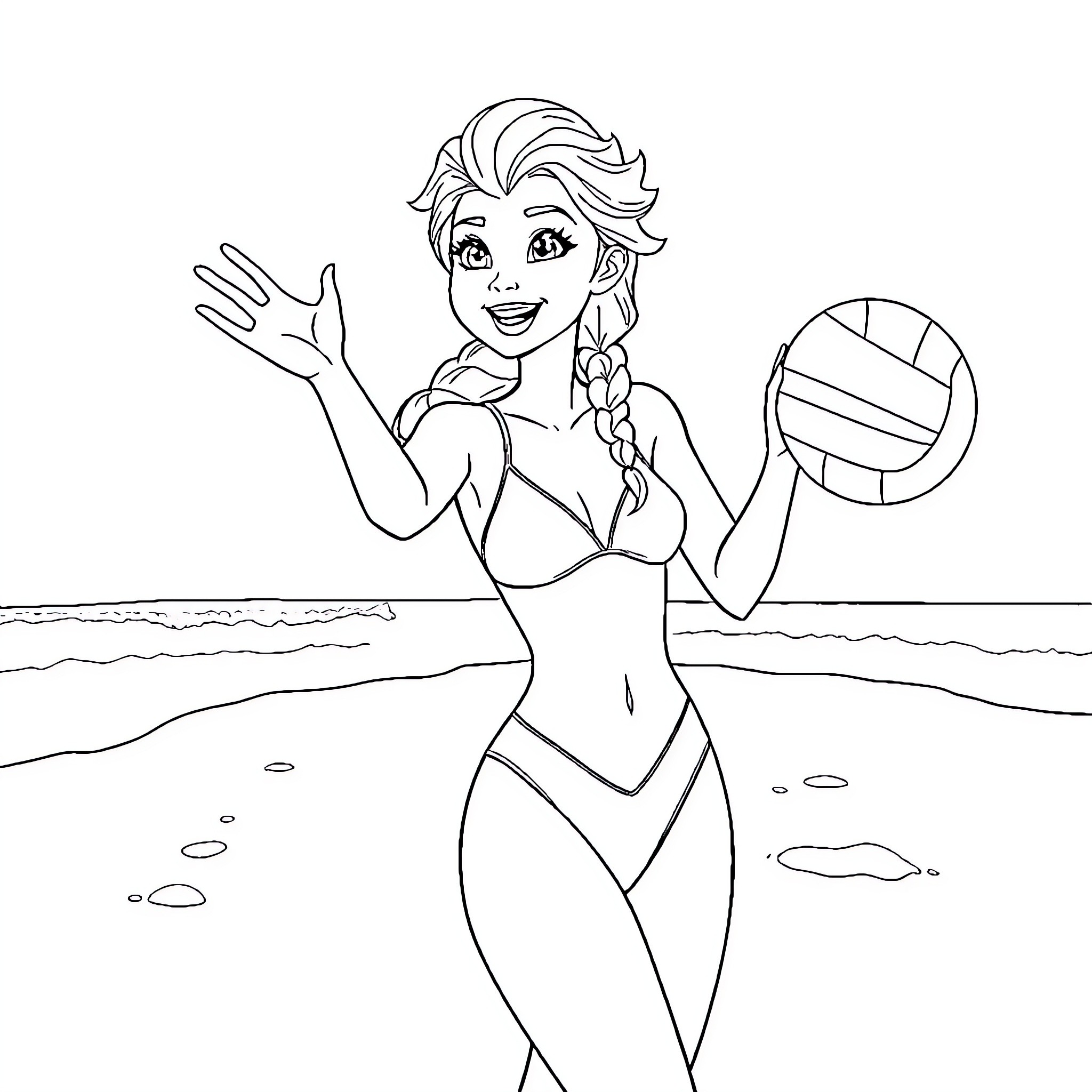 Elsa enjoying a beach volleyball game Coloring Page (free black-and-white line drawing printable PDF for all, from beginners to advanced learners, including children, teens, adults, and seniors)