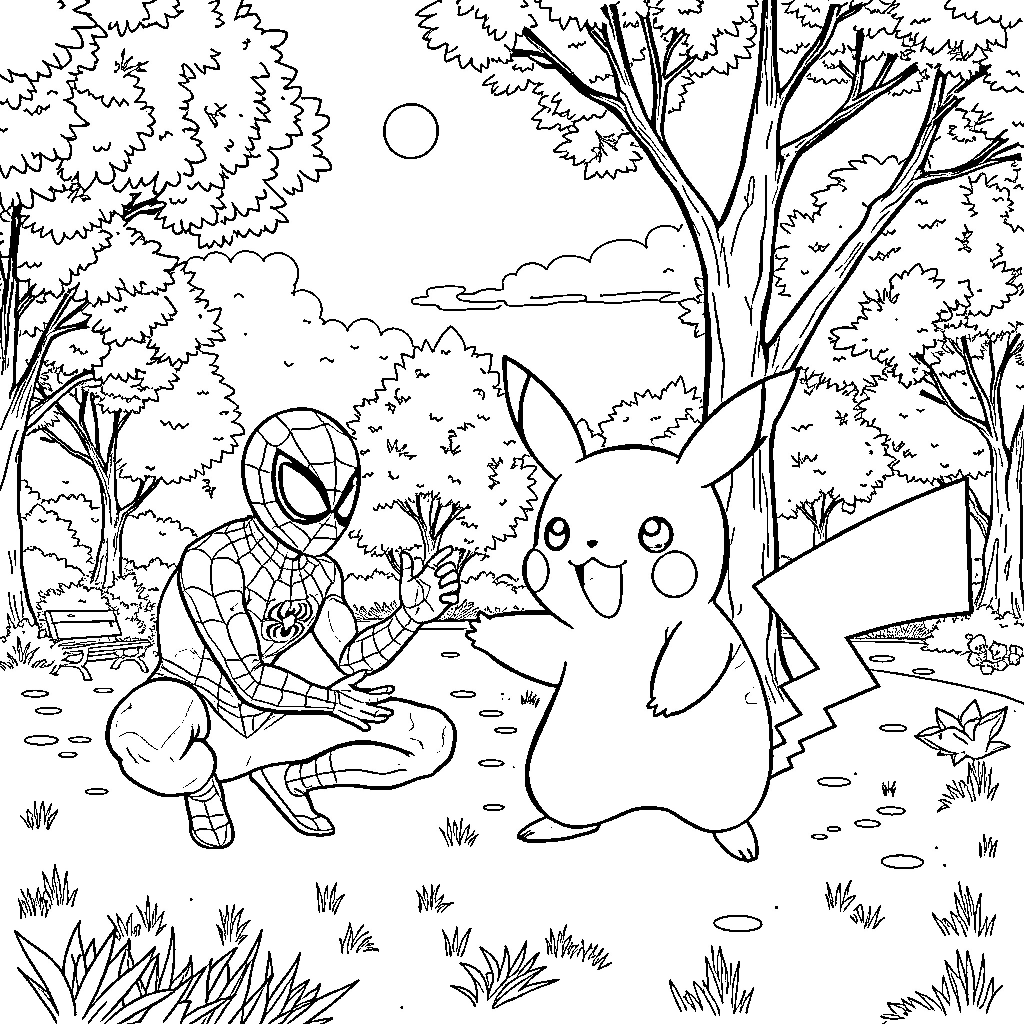 Pikachu and Spider-Man exploring the forest Coloring Page (free black-and-white line drawing printable PDF for all, from beginners to advanced learners, including children, teens, adults, and seniors)