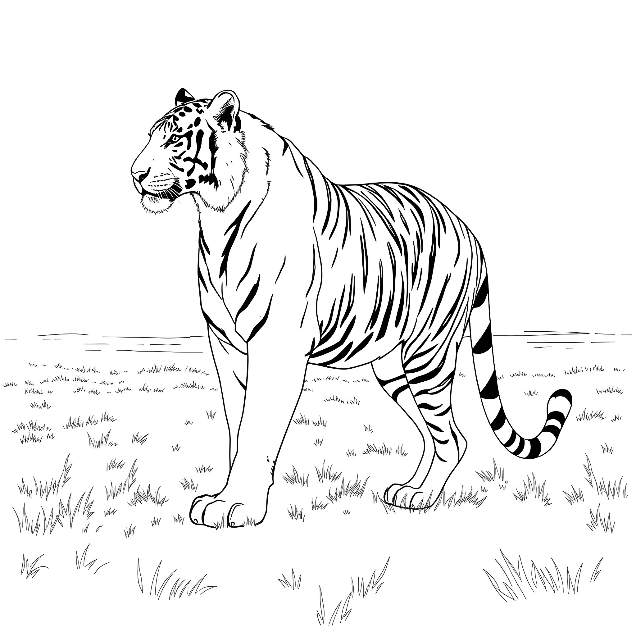 Tiger standing tall in the wilderness Coloring Page (free black-and-white line drawing printable PDF for all, from beginners to advanced learners, including children, teens, adults, and seniors)