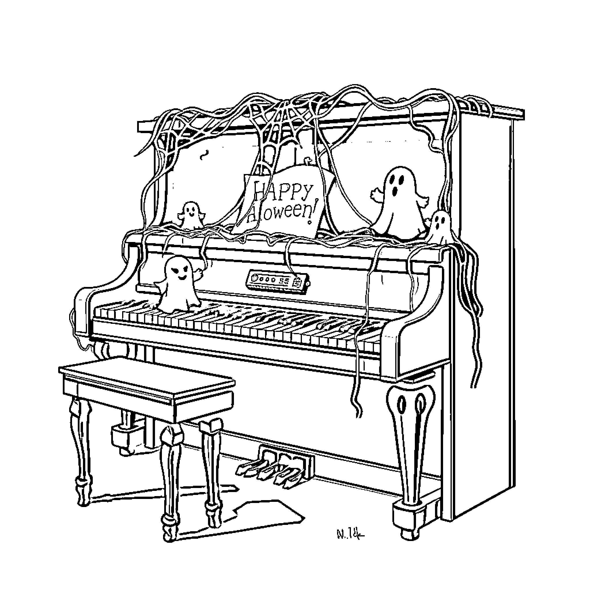 Piano with Spooky Halloween Decor Coloring Page (free black-and-white line drawing printable PDF for all, from beginners to advanced learners, including children, teens, adults, and seniors)