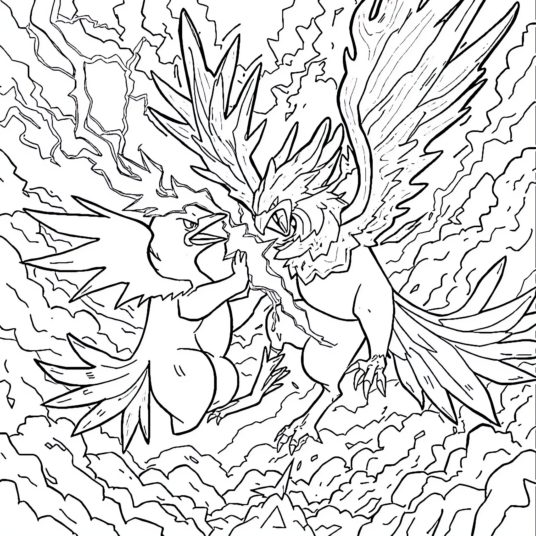 Zapdos unleashing its powerful electric attack Coloring Page (free black-and-white line drawing printable PDF for all, from beginners to advanced learners, including children, teens, adults, and seniors)