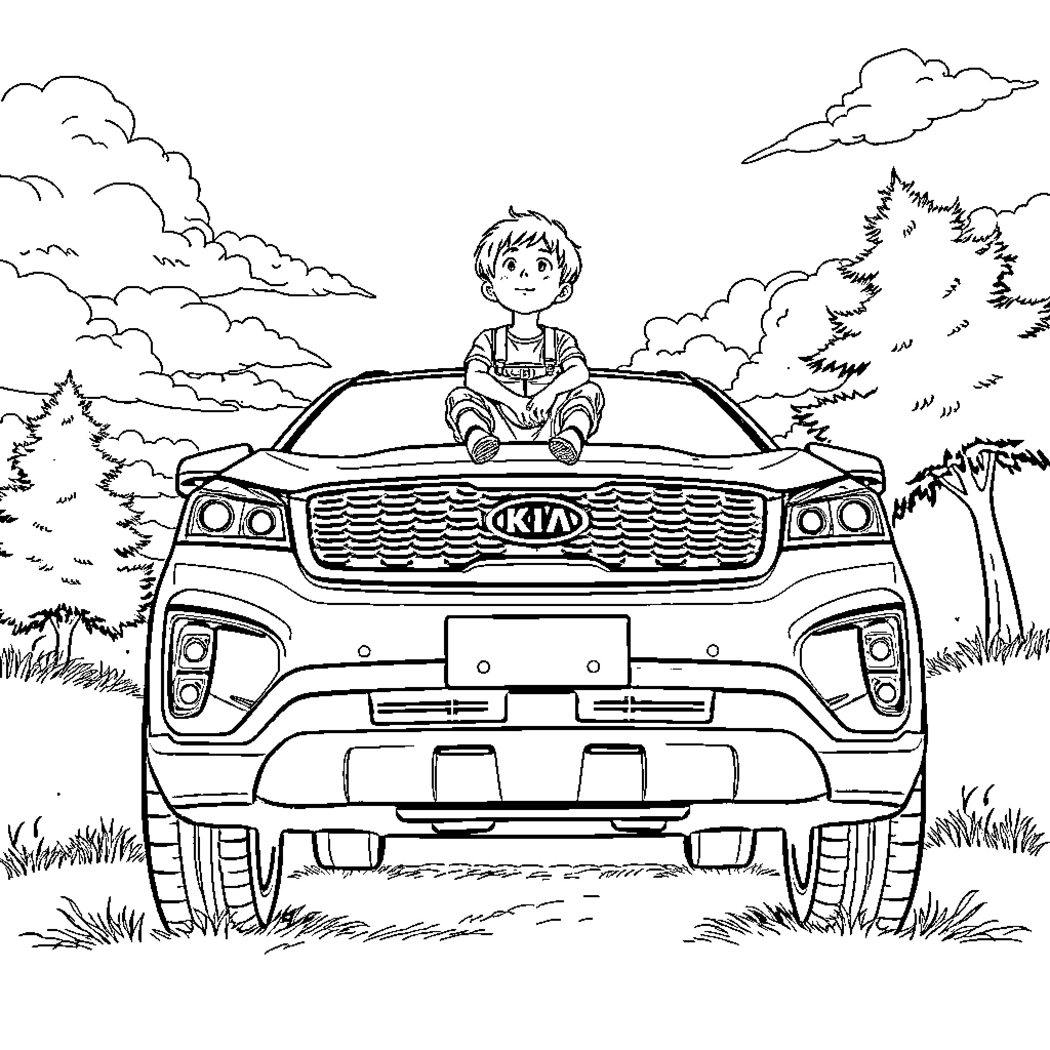 Boy sitting atop a large vehicle in the countryside Coloring Page (free black-and-white line drawing printable PDF for all, from beginners to advanced learners, including children, teens, adults, and seniors)