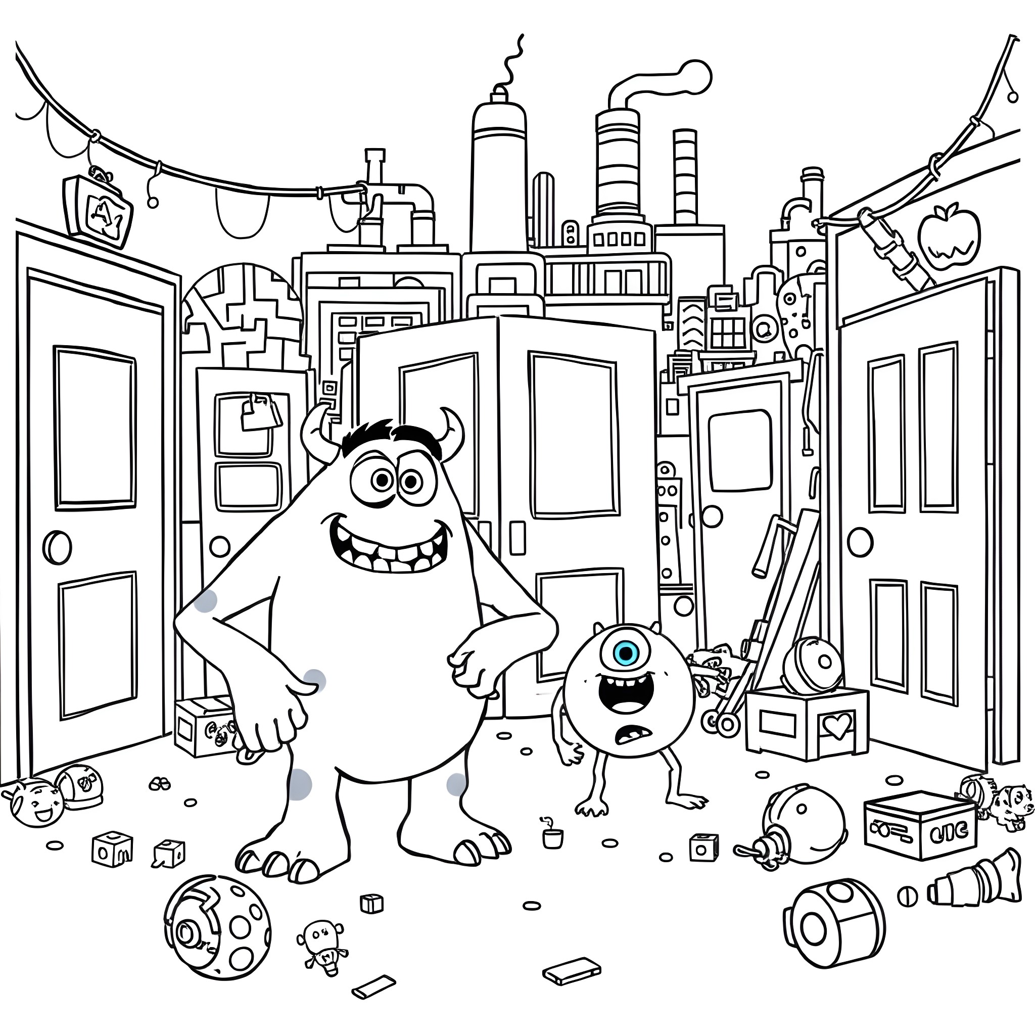 Monster friends exploring the city Coloring Page (free black-and-white line drawing printable PDF for all, from beginners to advanced learners, including children, teens, adults, and seniors)